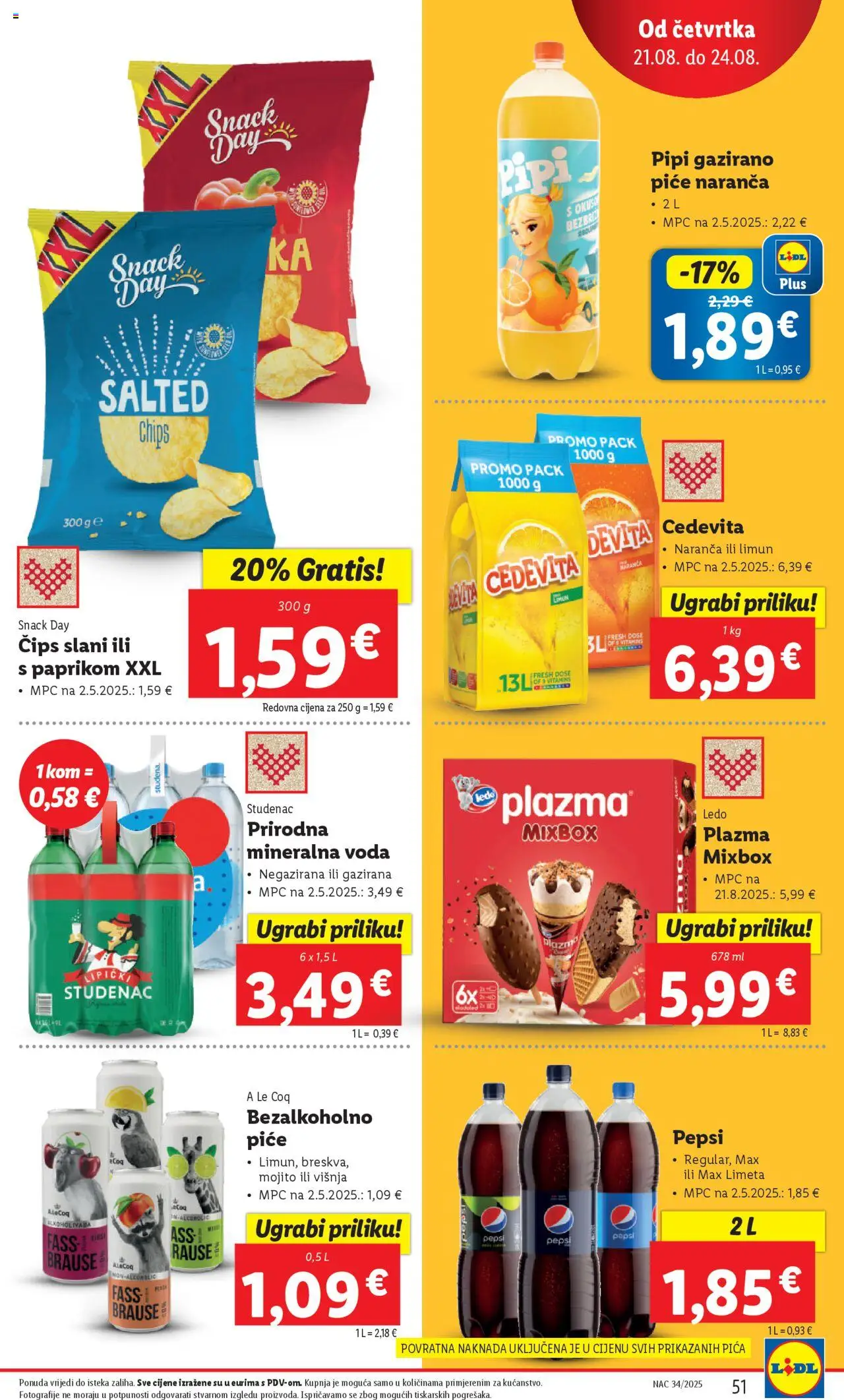 Lidl katalog | vrijedi od 18.08.2025 | Stranica: 51 | Proizvodi: Pepsi, Čips, Voda, Cedevita