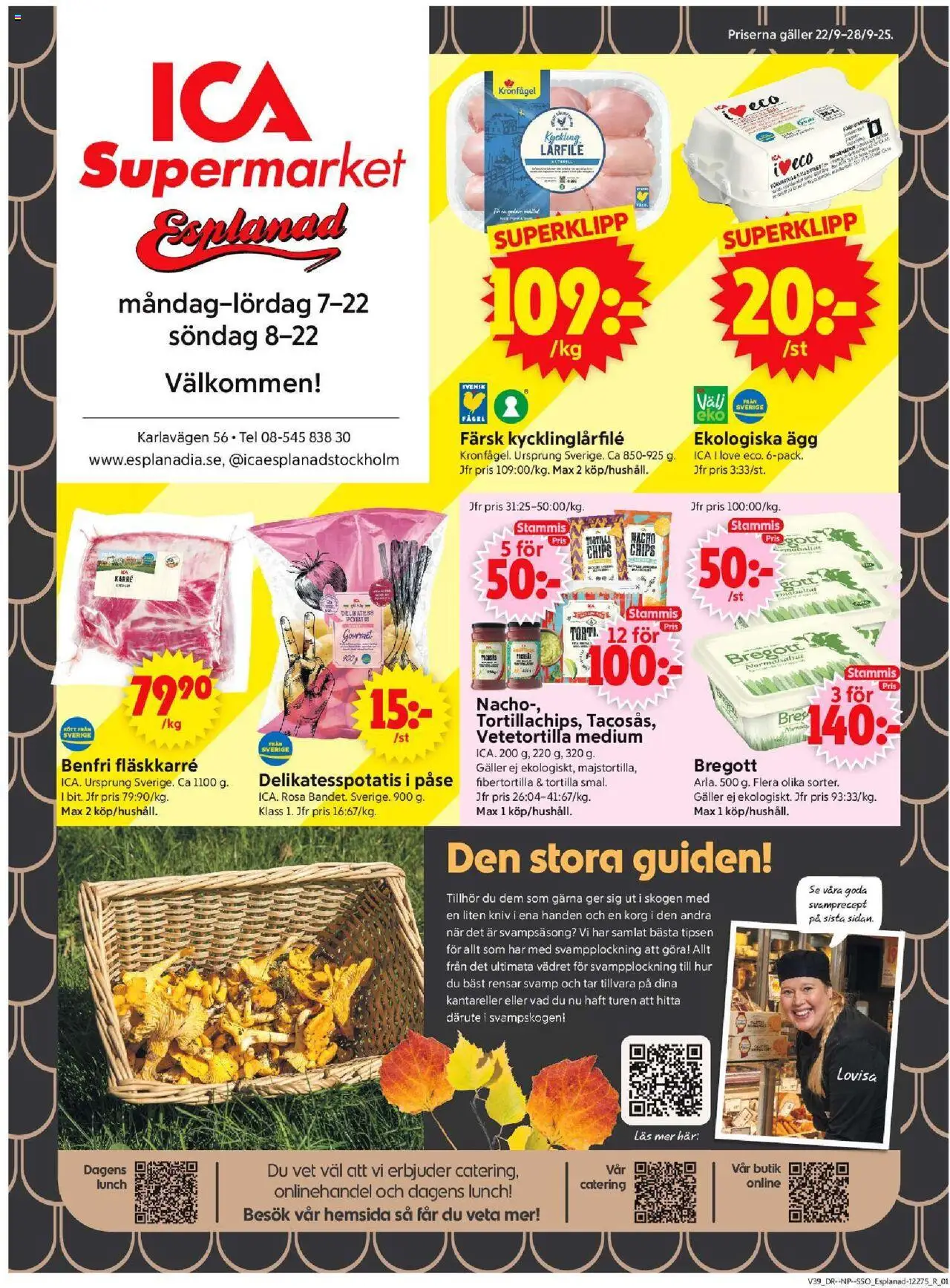 ICA Supermarket reklamblad aktuell från 22.09.2025 | Sida: 1 | Produkter: Svamp, Tortilla, Korg, Ägg