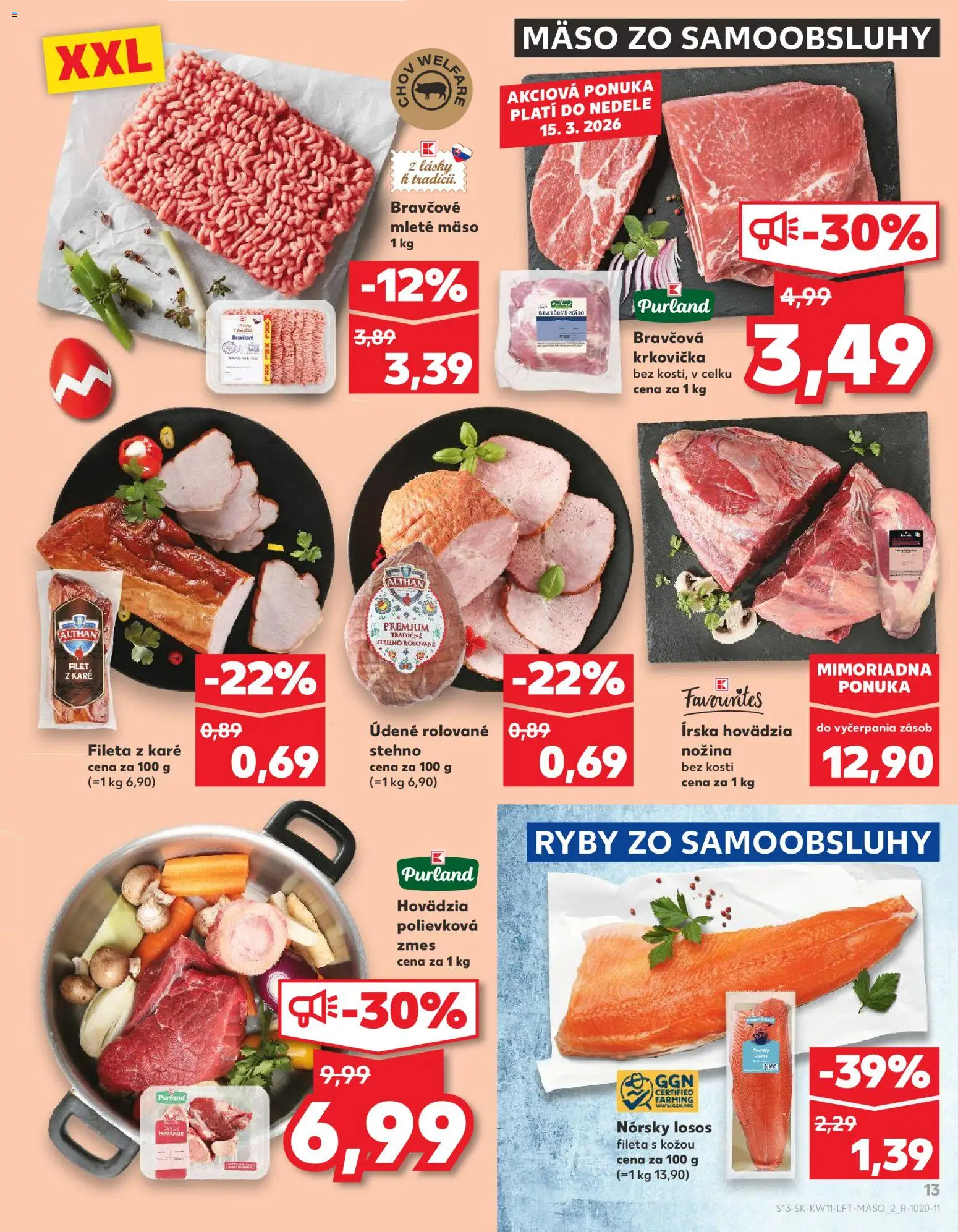 Nové Kaufland akcie – leták je platný od 12.03.2026 | Strana: 13 | Produkty: Ryby, Losos, Krkovička, Mleté mäso