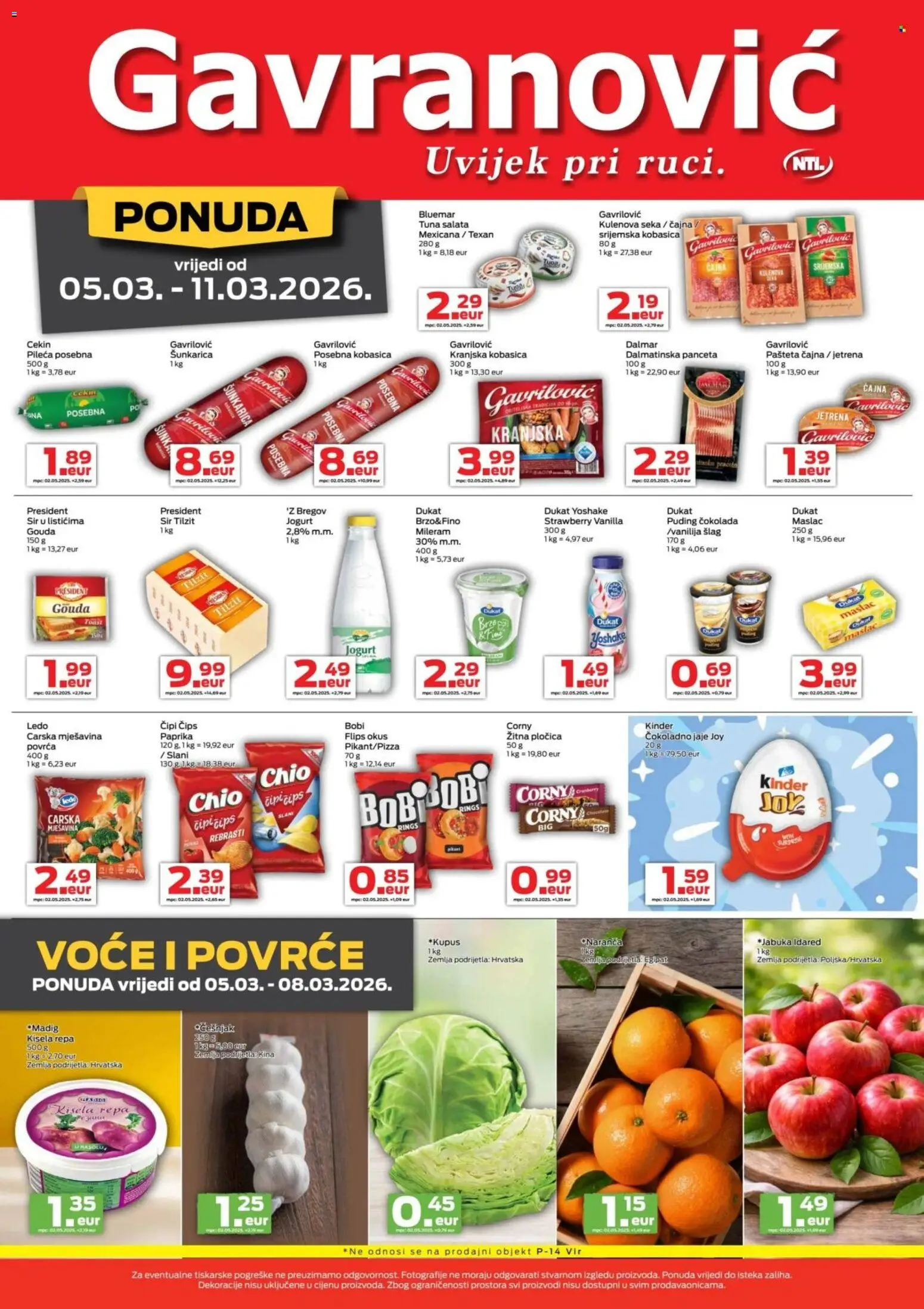 Gavranović katalog | vrijedi od 05.03.2026 | Stranica: 2 | Proizvodi: Sir, Kranjska kobasica, Salata, Mileram