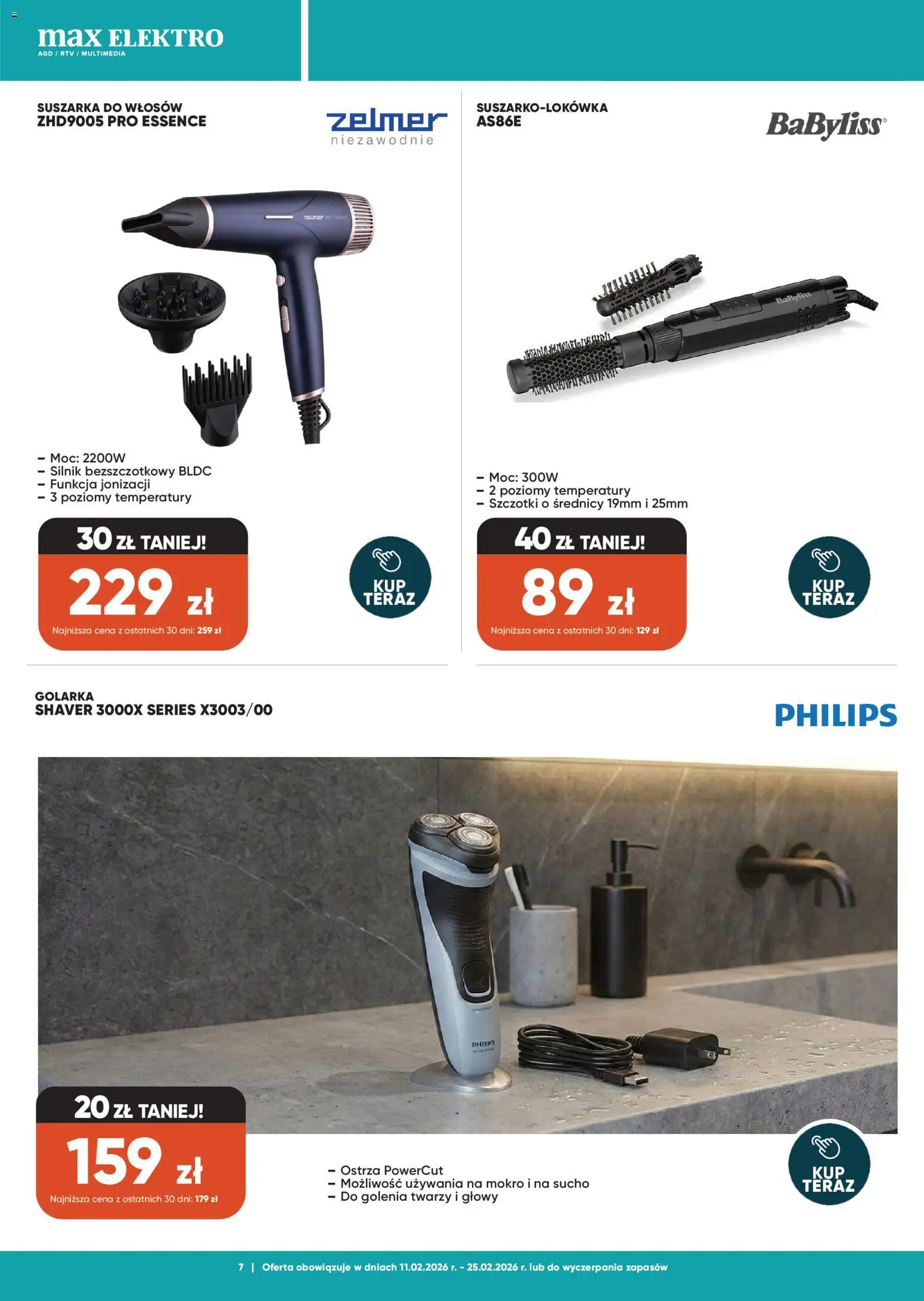 Max elektro Gazetka od 11.02.2026 | Strona: 7 | Produkty: Suszarka, Suszarka do włosów, Golarka