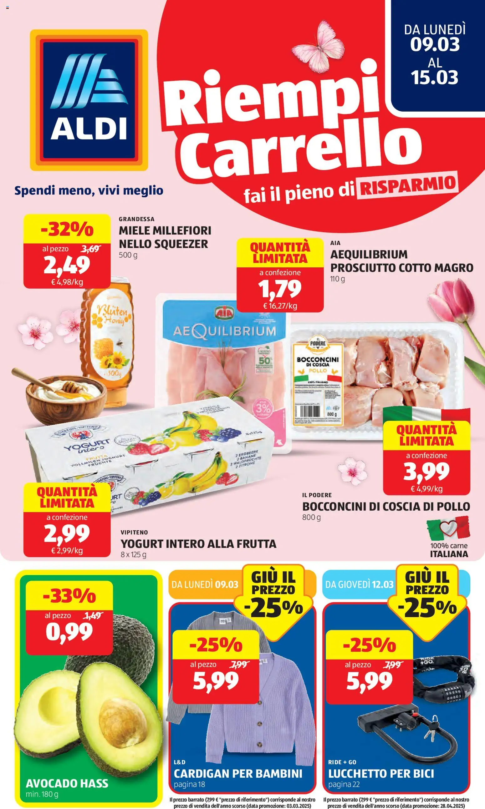 Volantino Aldi del 09.03.2026 | Pagina: 1 | Prodotti: Avocado, Prosciutto, Carrello, Miele