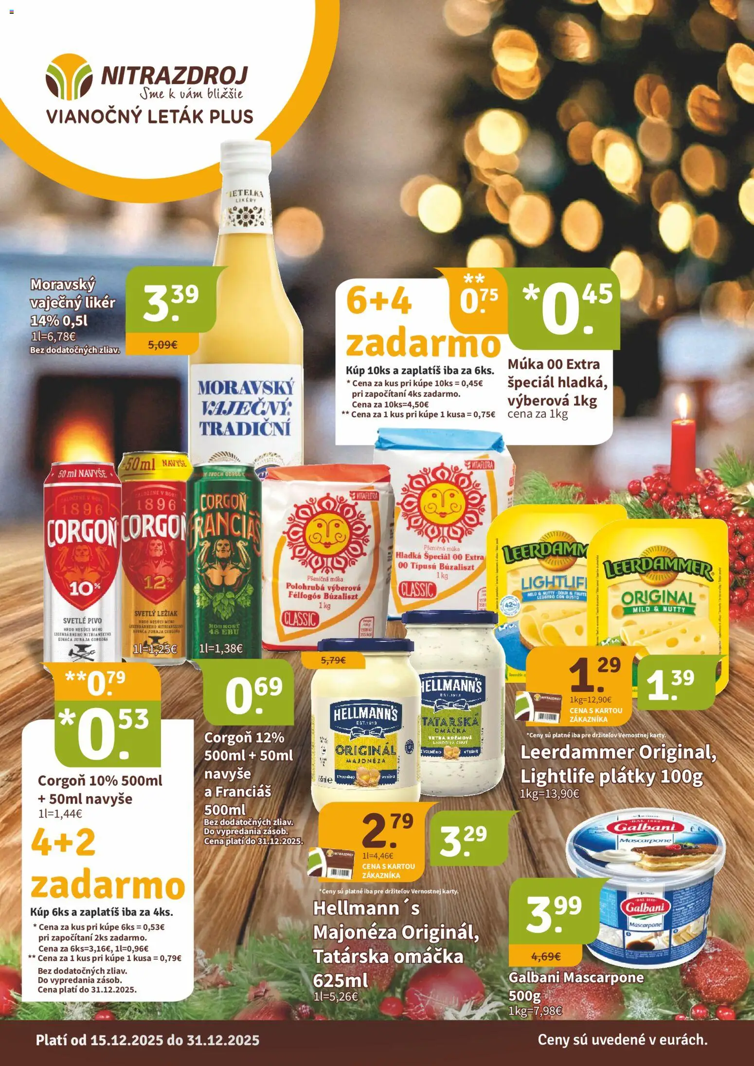 Nové Nitrazdroj akcie – leták je platný od 15.12.2025 | Strana: 1 | Produkty: Corgoň, Tatárska omáčka, Omáčka, Mascarpone