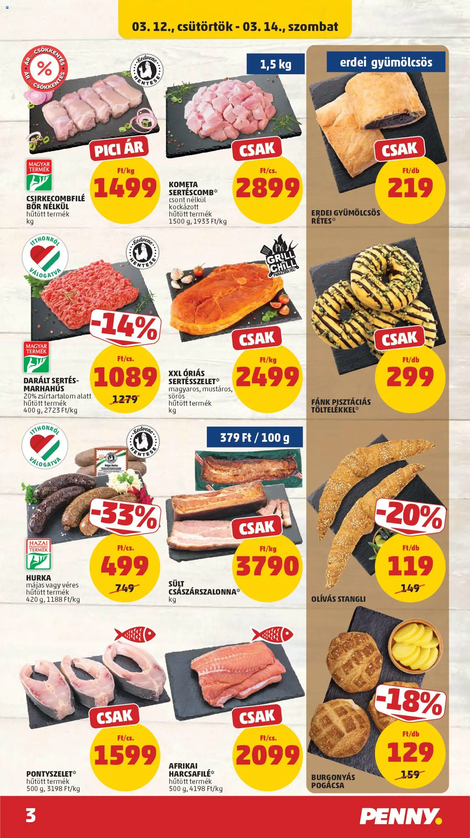 PENNY akciós ujság - amely érvényes a következő dátumtól: 12.03.2026 | Oldal: 3 | Termékek: Fánk, Csirkecombfile, Bacon, Bor