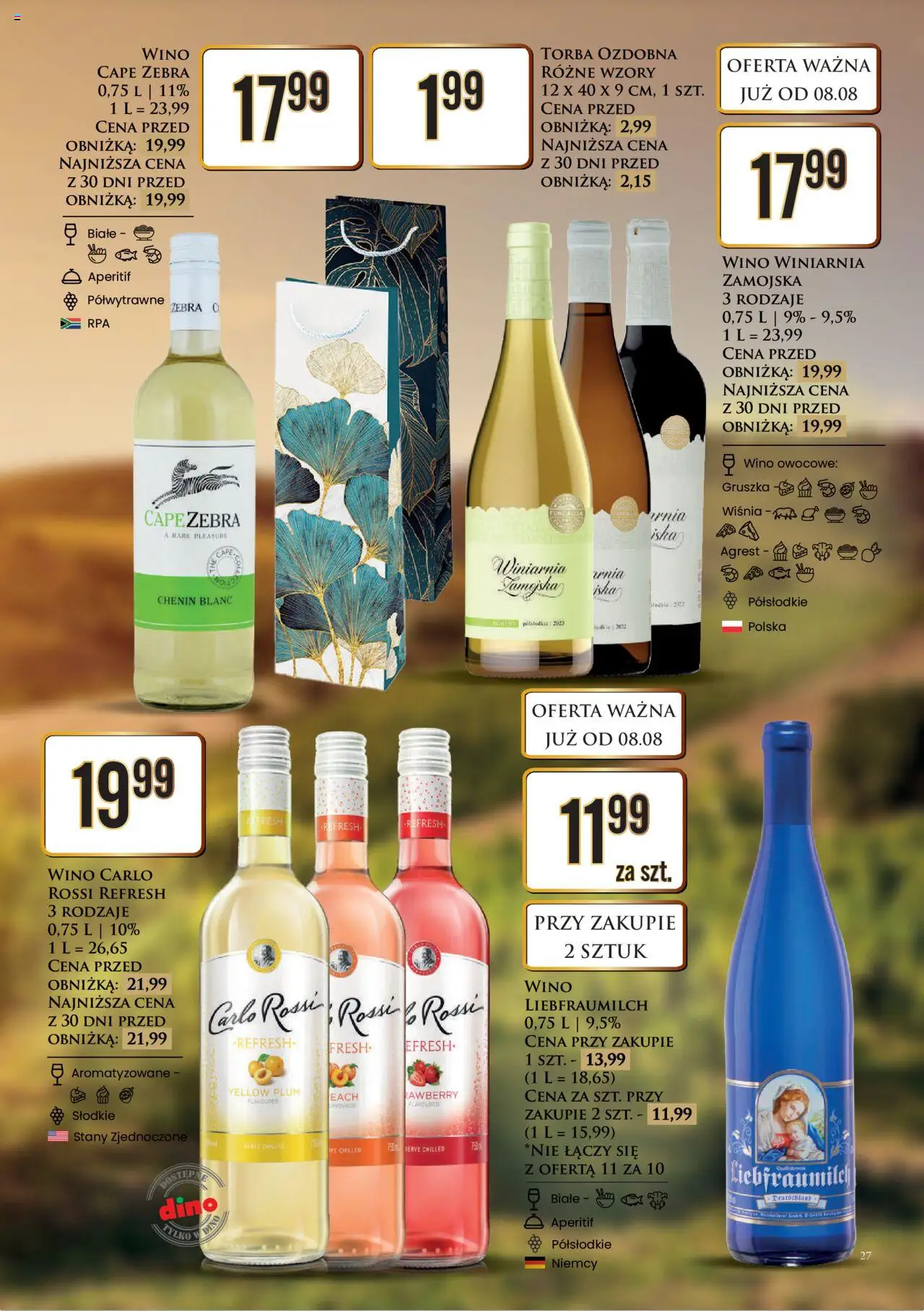 Dino Gazetka alkoholowa od 11.08.2025 | Strona: 27 | Produkty: Wino Winiarnia Zamojska, Winiarnia, Winiarnia Zamojska, Carlo Rossi
