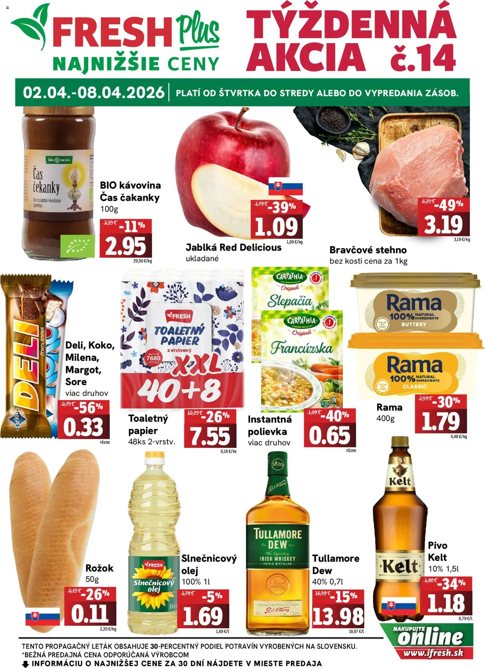 Nové Fresh akcie – leták je platný od 02.04.2026 | Strana: 1 | Produkty: Jablká, Rožok, Kelt, Bravčové stehno
