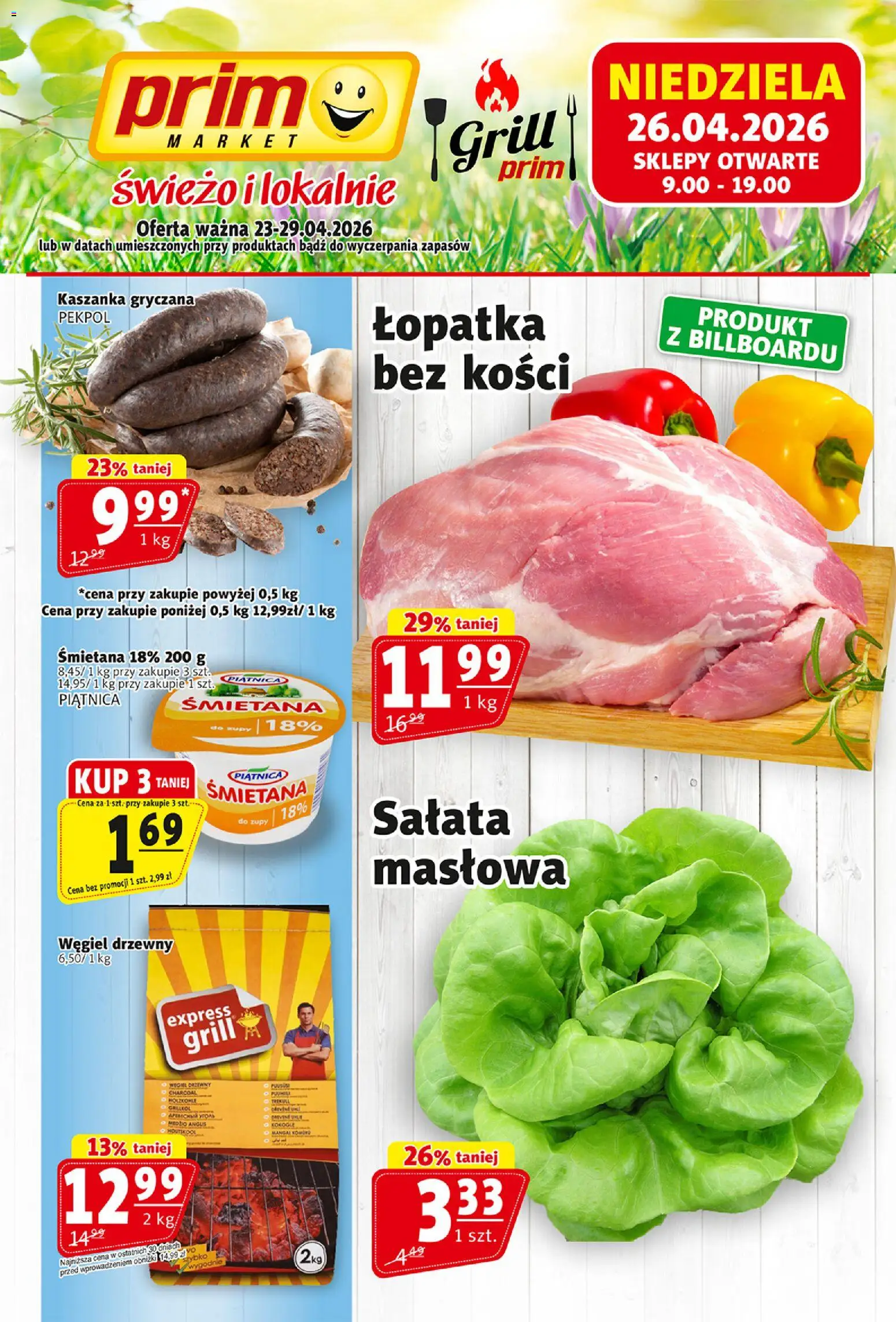 Prim Market gazetka od 23.04.2026 | Strona: 1 | Produkty: Grill, Kaszanka, Śmietana