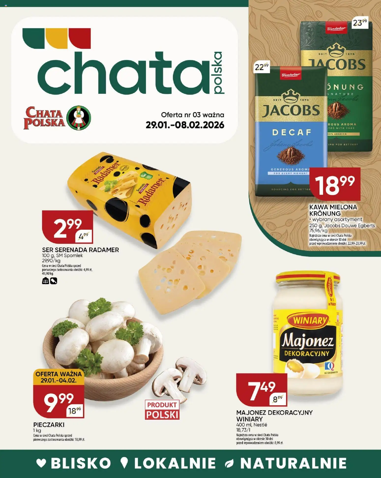 Chata Polska Gazetka od 29.01.2026 | Strona: 1 | Produkty: Pieczarki, Ser, Kawa, Majonez
