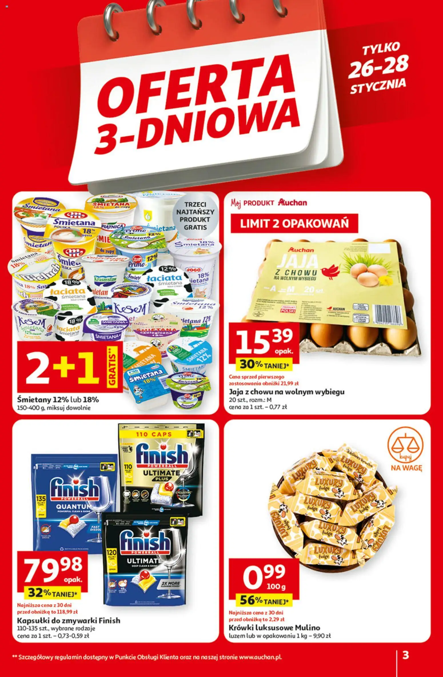 Auchan Gazetka - 30 Lat Hipermarket od 22.01.2026 | Strona: 3 | Produkty: Finish, Kapsułki do zmywarki, Jaja, Krówki