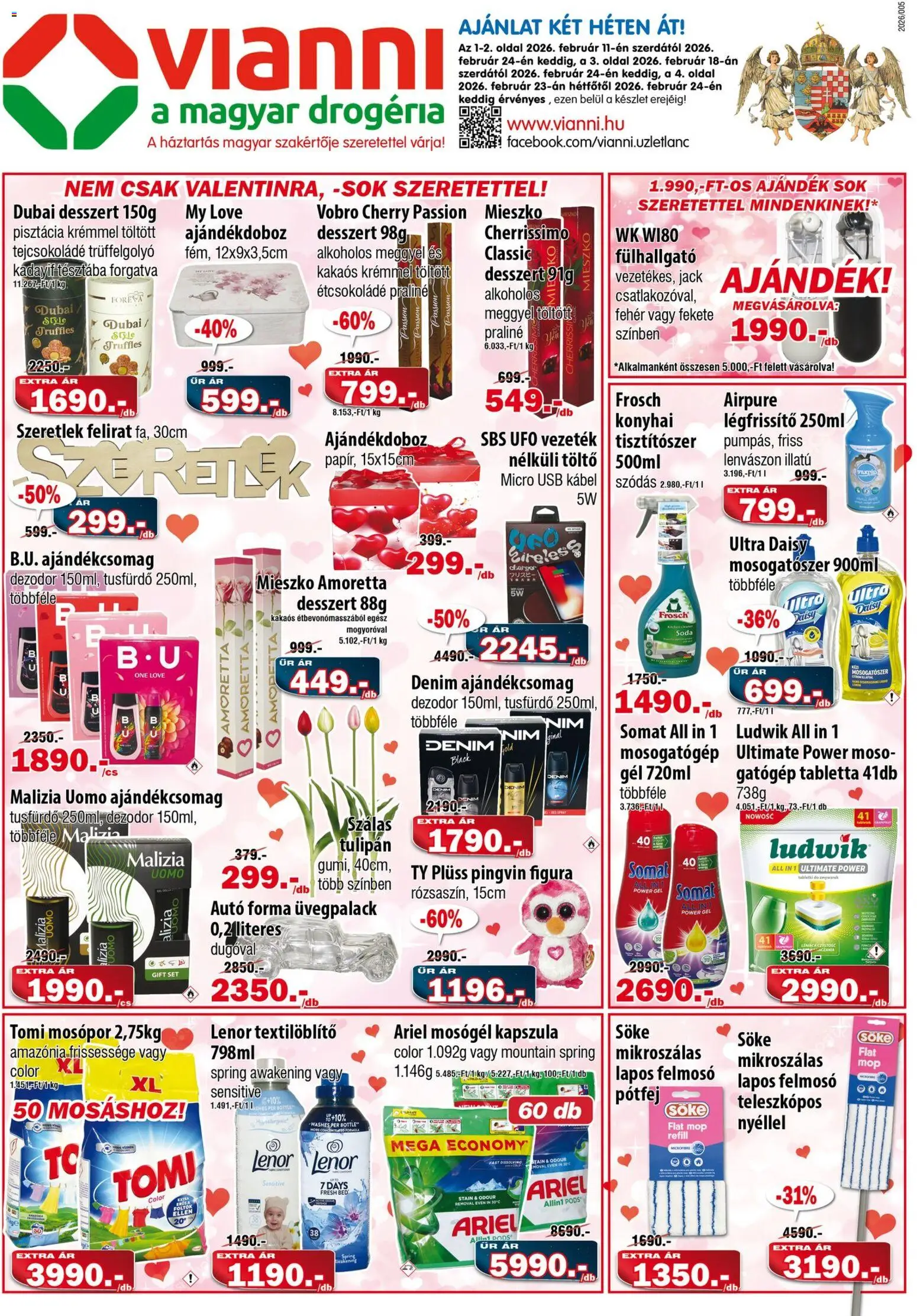 Vianni akciós ujság - amely érvényes a következő dátumtól: 11.02.2026 | Oldal: 1 | Termékek: Ariel, Fülhallgató, Mosogatógép, Tusfürdő