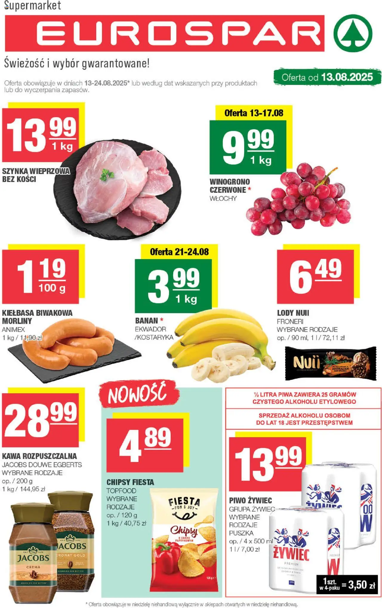 Spar Gazetka - Eurospar od 13.08.2025 | Strona: 1 | Produkty: Kawa rozpuszczalna, Szynka wieprzowa, Kawa, Piwo