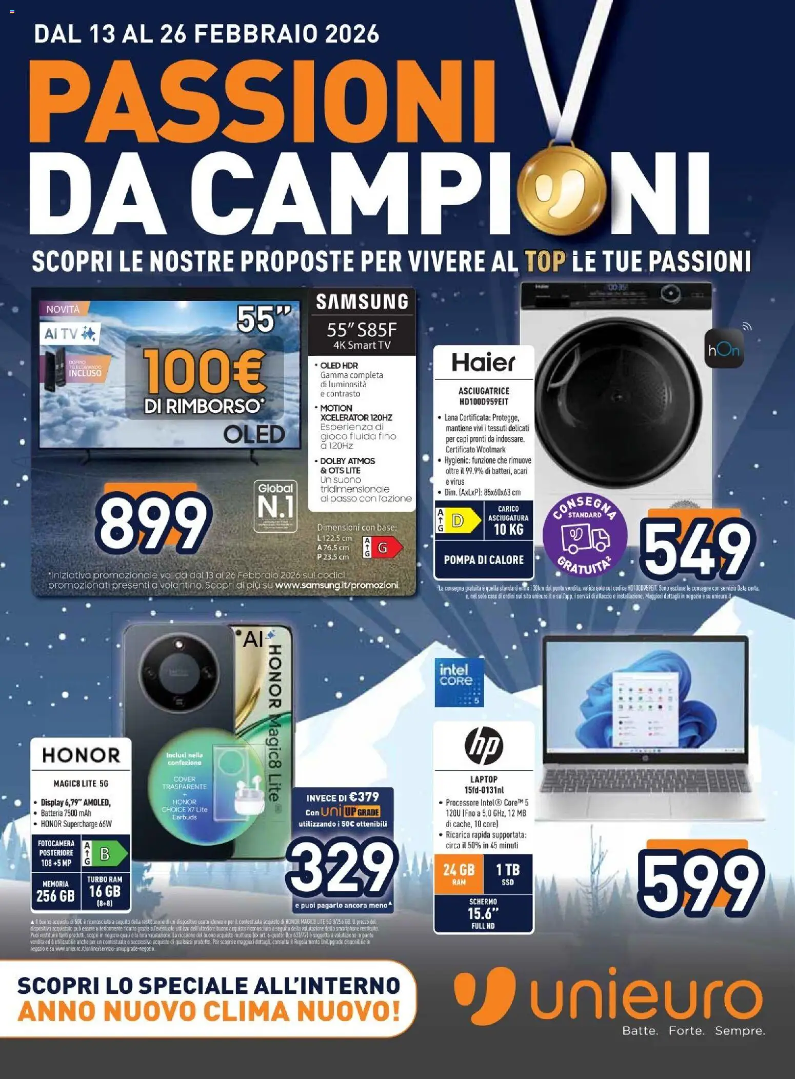 Volantino Unieuro del 13.02.2026 | Pagina: 1 | Prodotti: Top, Smartphone, TV, Samsung