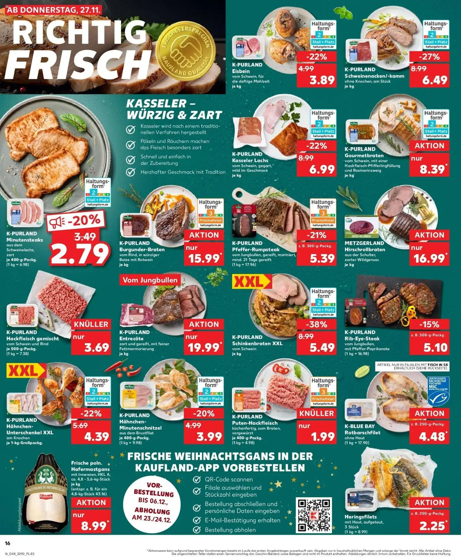 Kaufland prospekt Coswig	 – gültig ab 27.11.2025 | Seite: 16 | Produkte: Hahnchen, Entrecote, Fisch, Hackfleisch