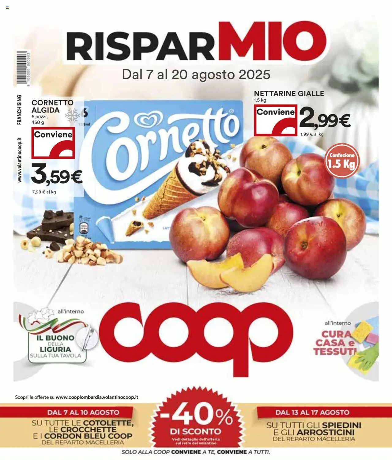 Volantino COOP del 07.08.2025 | Pagina: 1 | Prodotti: Cornetto, Crocchette, Spiedini, Arrosticini