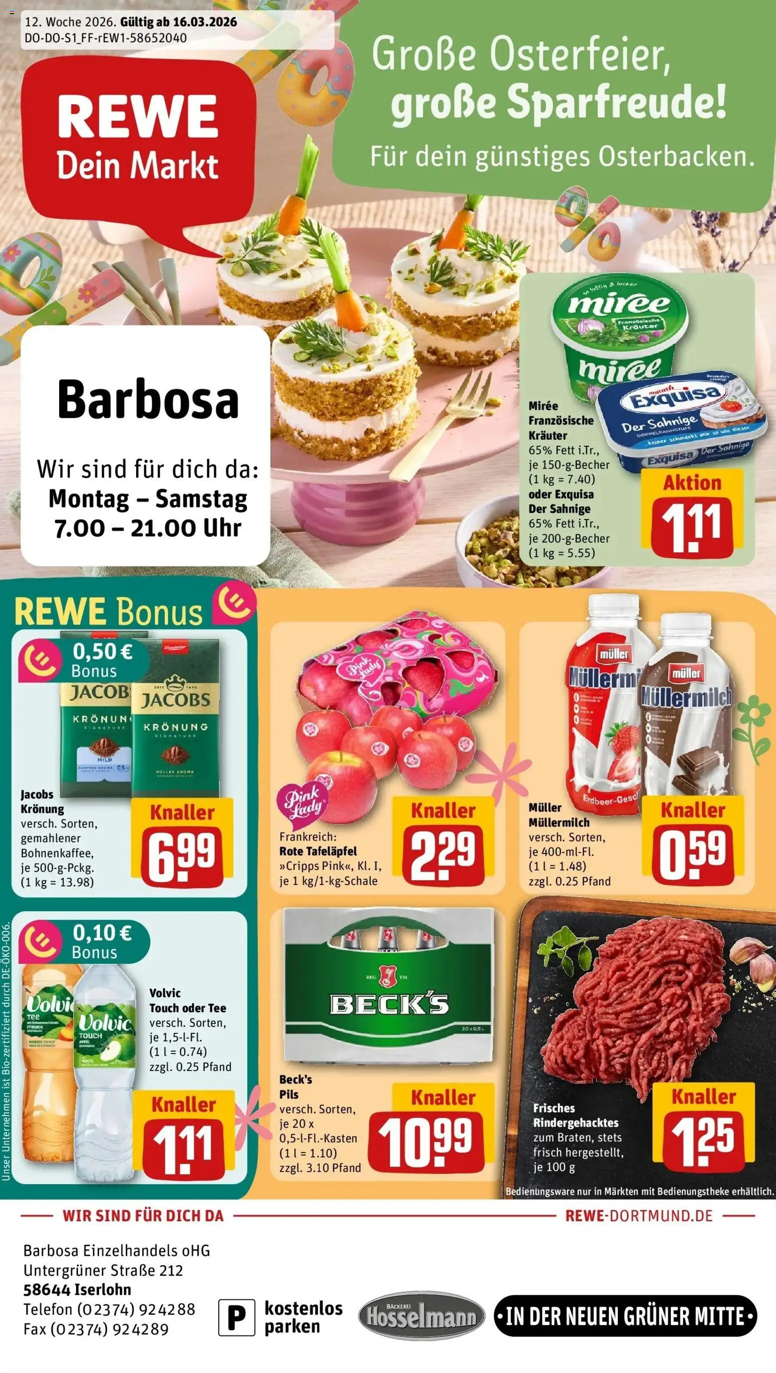 Rewe Prospekt Iserlohn	 – gültig ab 15.03.2026 | Seite: 1 | Produkte: Pils, Volvic touch, Exquisa, Pfirsich