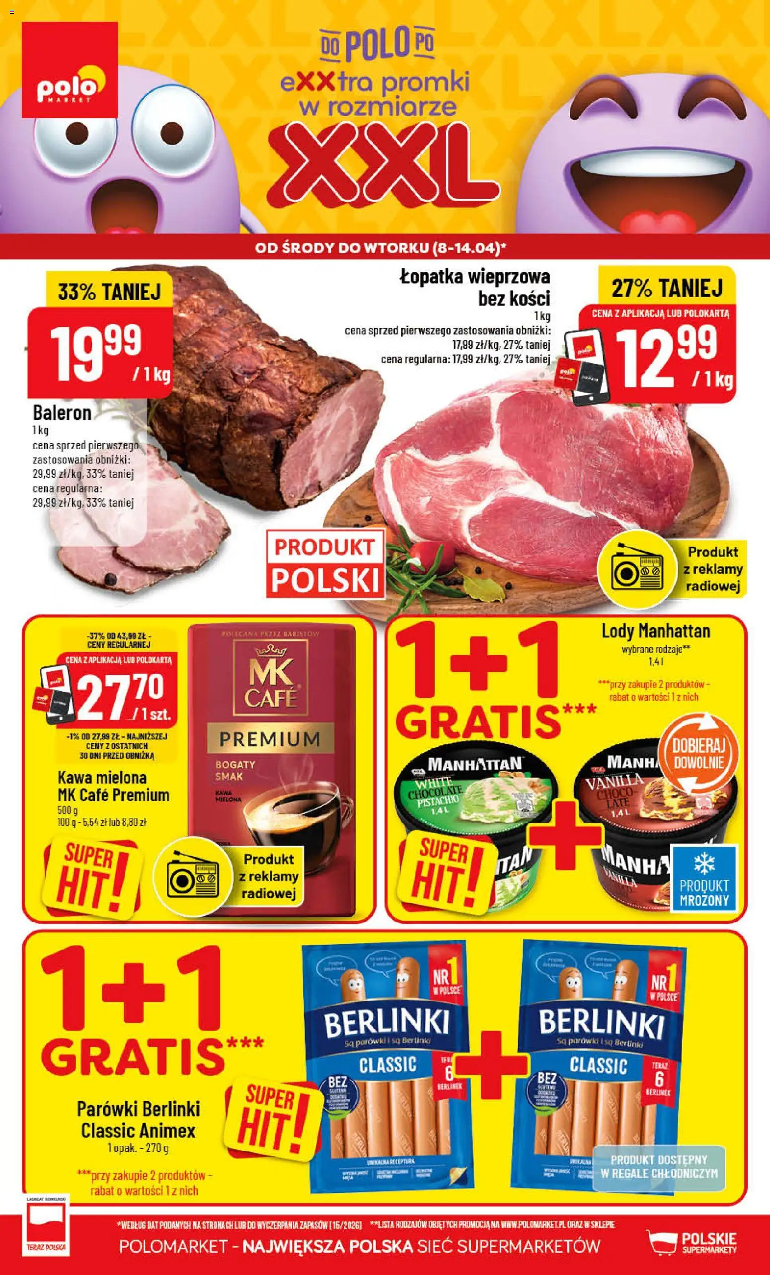 POLOmarket gazetka od 08.04.2026 | Strona: 1 | Produkty: Parówki berlinki, Parówki, Lody manhattan, Lody