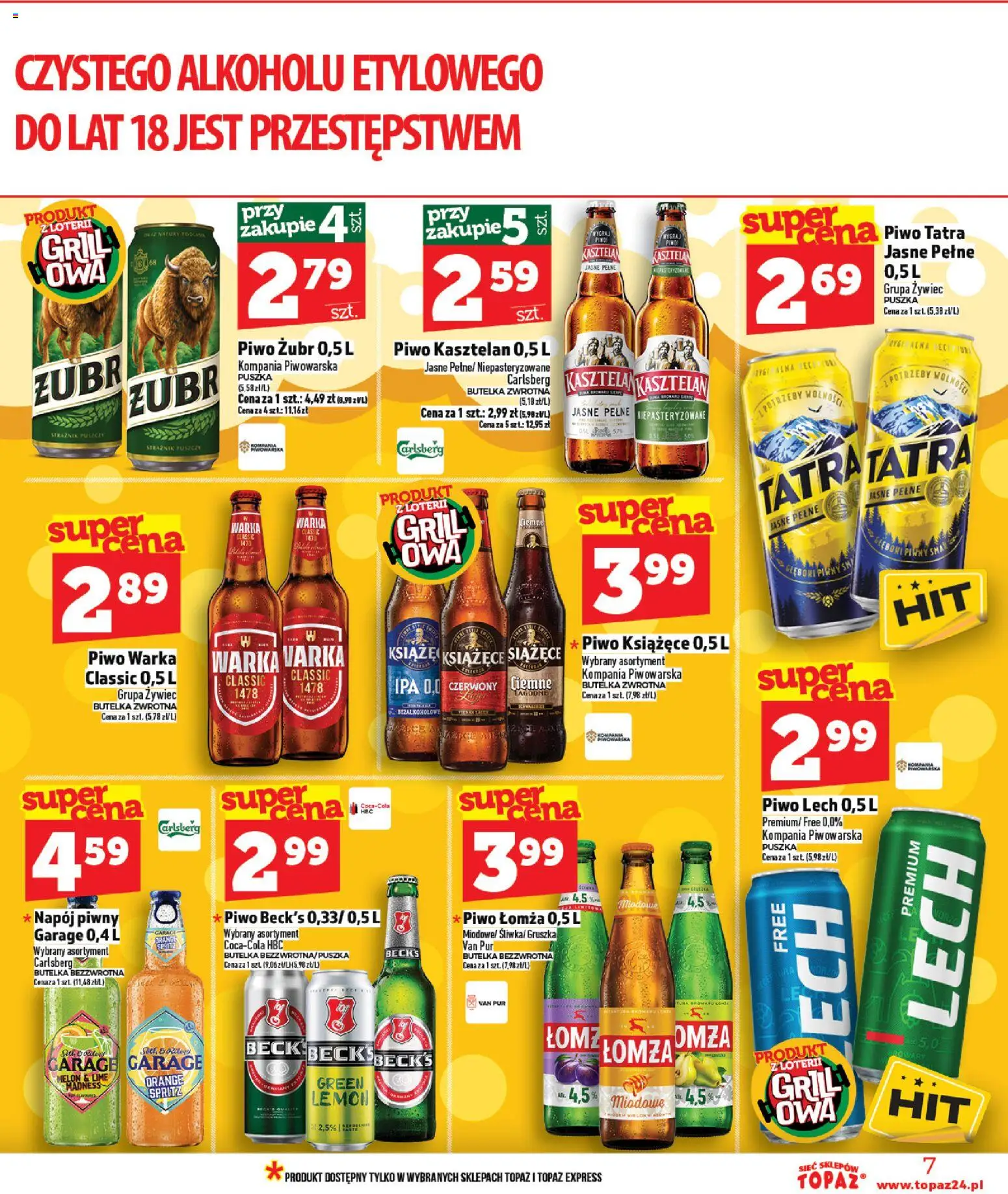 Topaz gazetka od 16.04.2026 | Strona: 7 | Produkty: Piwo żubr, Gruszka, Melon, Warka