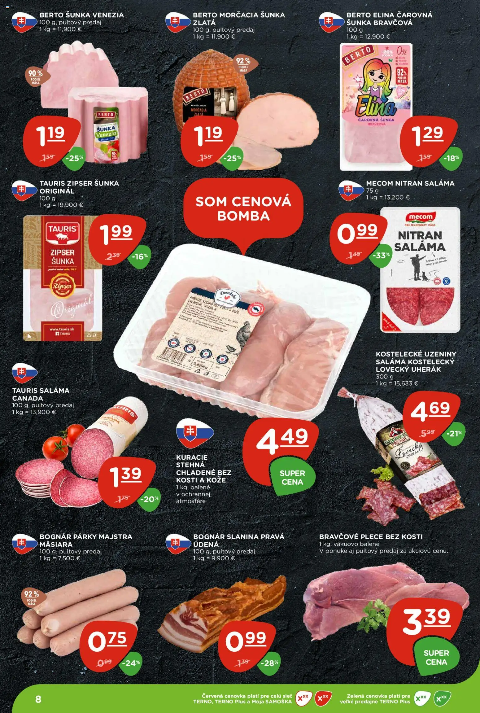Nové Terno akcie – leták je platný od 26.03.2026 | Strana: 8 | Produkty: Saláma, Šunka, Bravčové plece, Párky