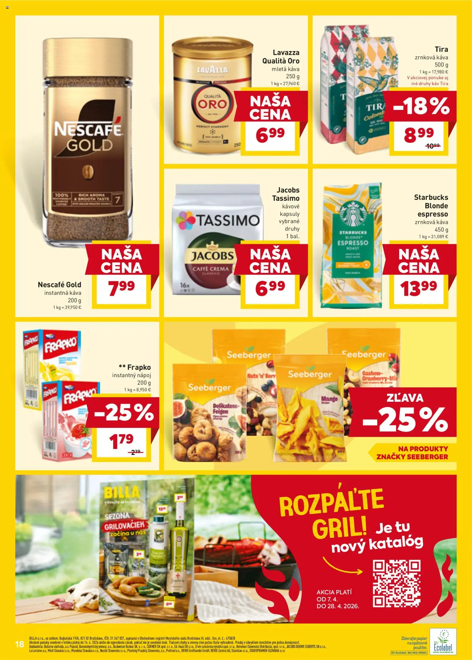 Nové Billa akcie – leták je platný od 07.04.2026 | Strana: 20 | Produkty: Gril, Lavazza, Budvar, Zrnková káva