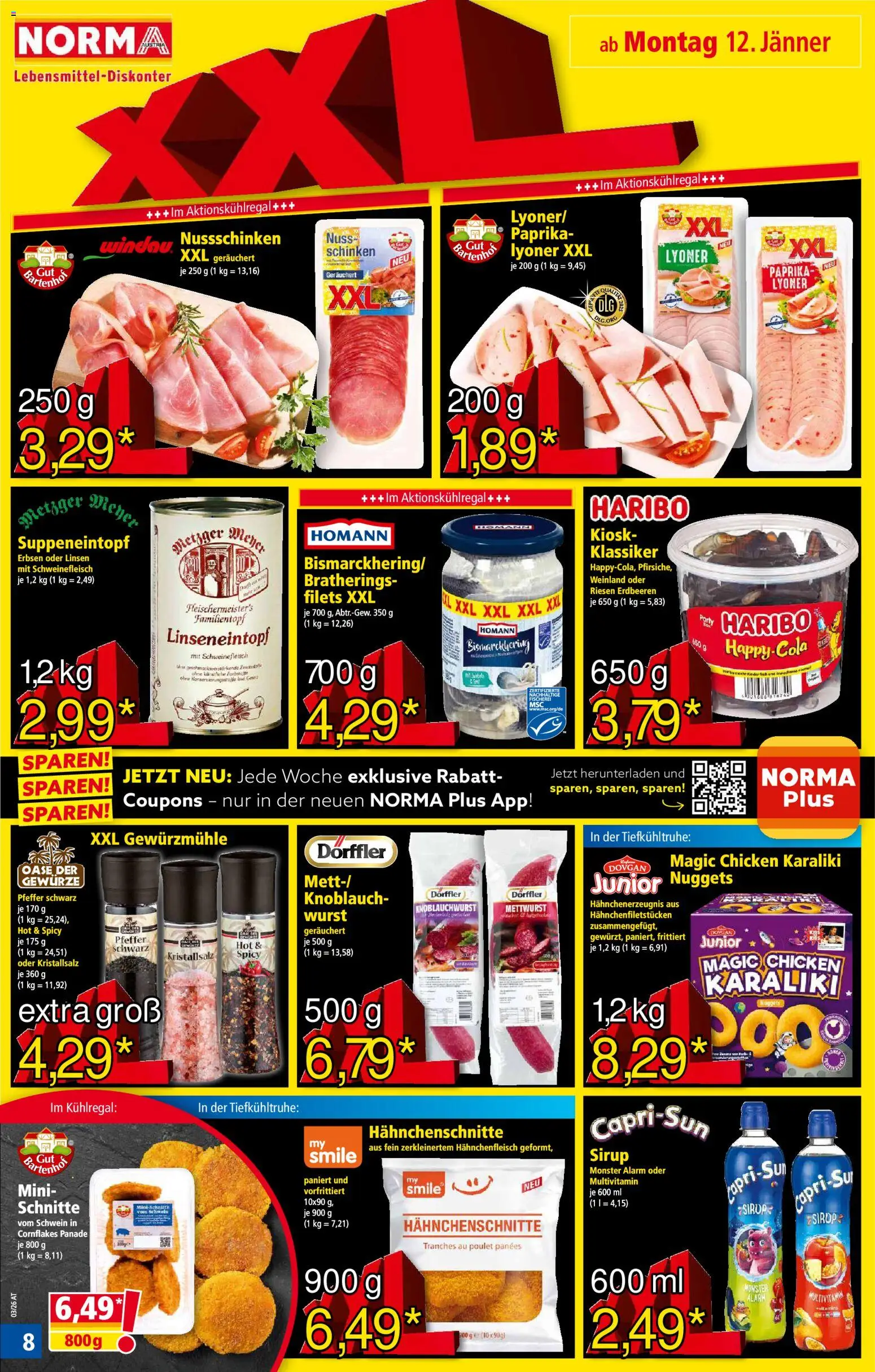 Norma Flugblatt gültig ab 12.01.2026 | Seite: 8 | Produkte: Wurst, Knoblauch, Schweinefleisch, Papier blanc