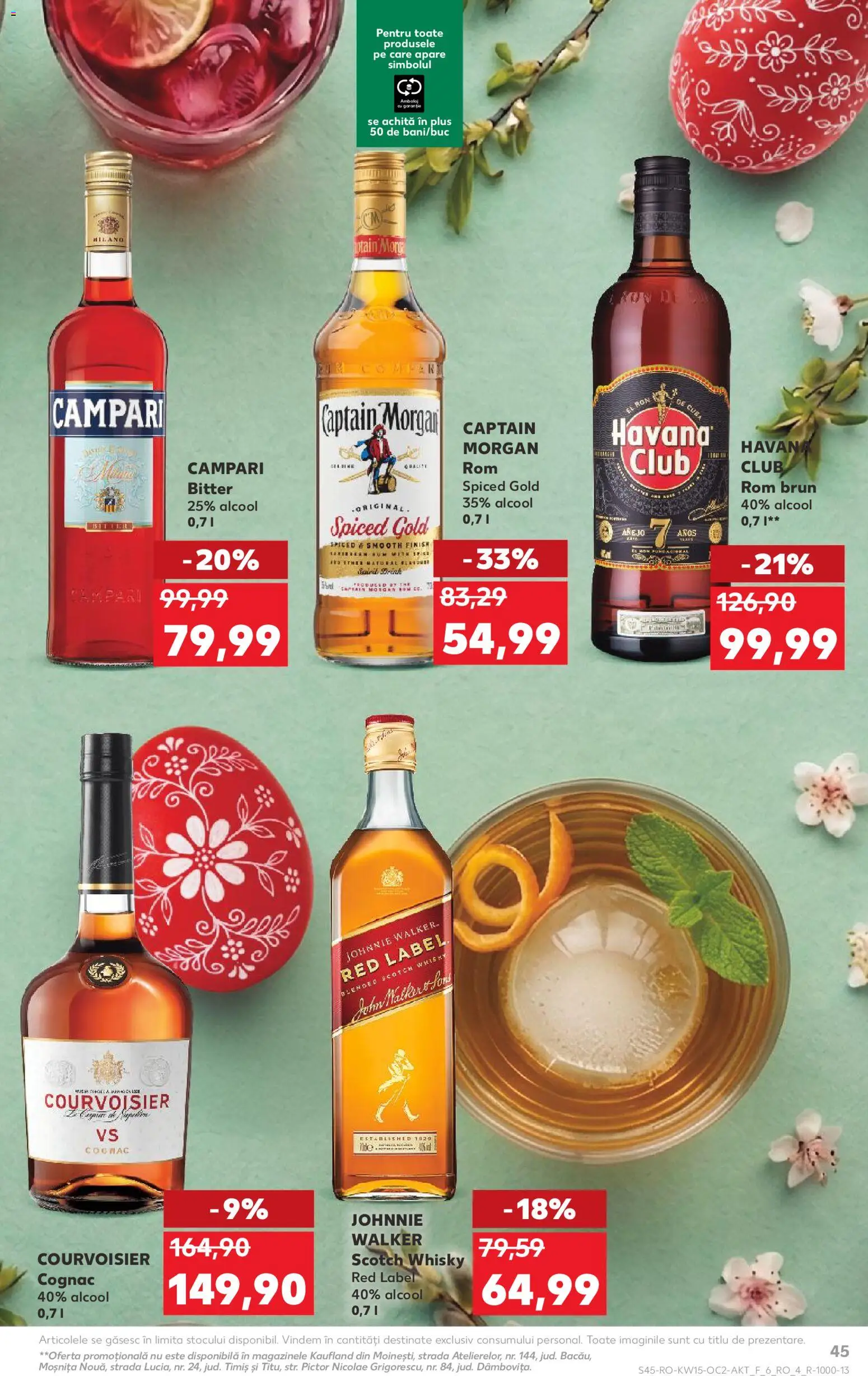 Kaufland RO akciós ujság - amely érvényes a következő dátumtól: 08.04.2026 | Oldal: 45 | Termékek: Captain morgan, Campari, Whisky