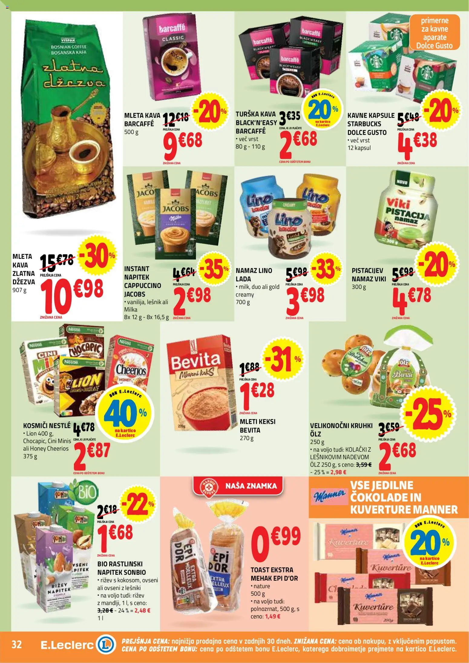Novi E.leclerc katalog ponudbe – veljaven od 18.03.2026 | Stran: 32 | Izdelki: Keksi, Namaz, Kava, Kosmici