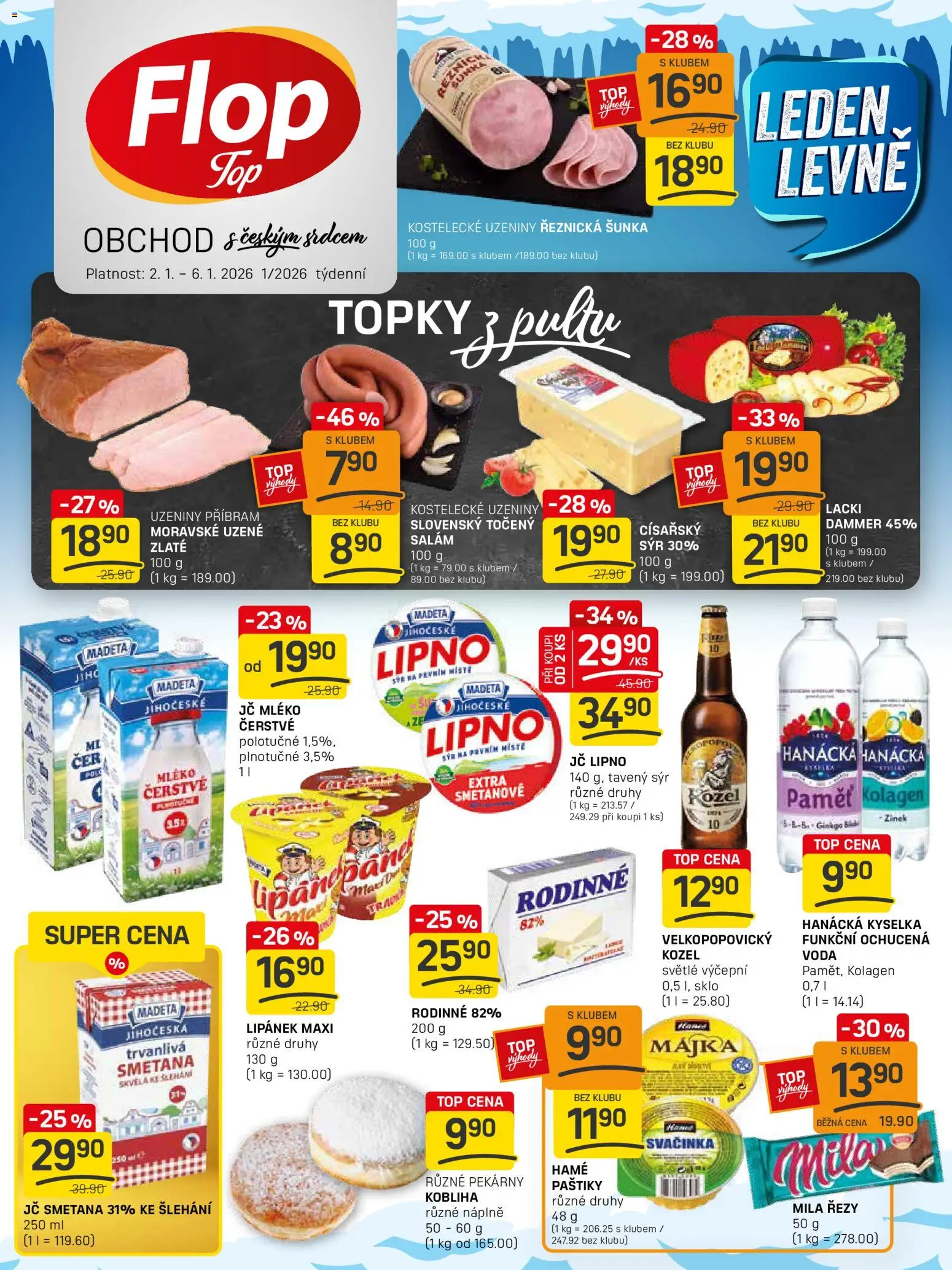 Flop leták - FlopTop od 02.01.2026 | Strana: 1 | Produkty: Tavený sýr, Hanácká kyselka, Mléko, Kolagen
