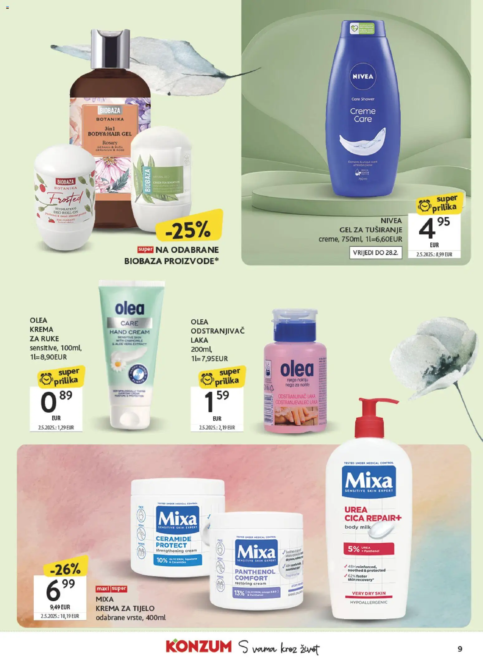 Konzum katalog | vrijedi od 03.02.2026 | Stranica: 9 | Proizvodi: Roll on, Krema za tijelo, Gel za tuširanje, Nivea