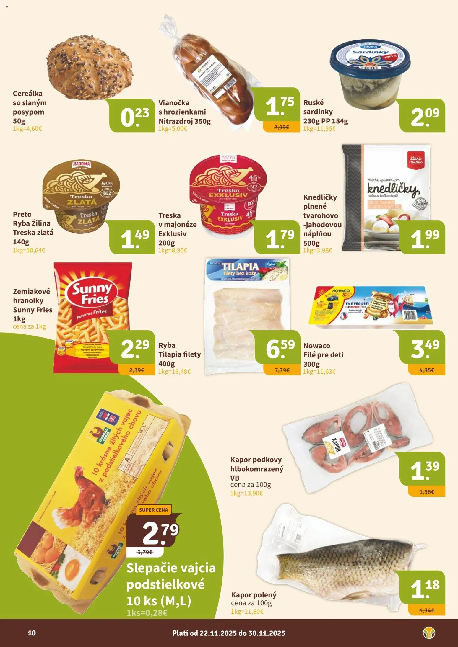 Nové Nitrazdroj akcie – leták je platný od 21.11.2025 | Strana: 10 | Produkty: Vajcia, Sardinky, Ryba, Treska