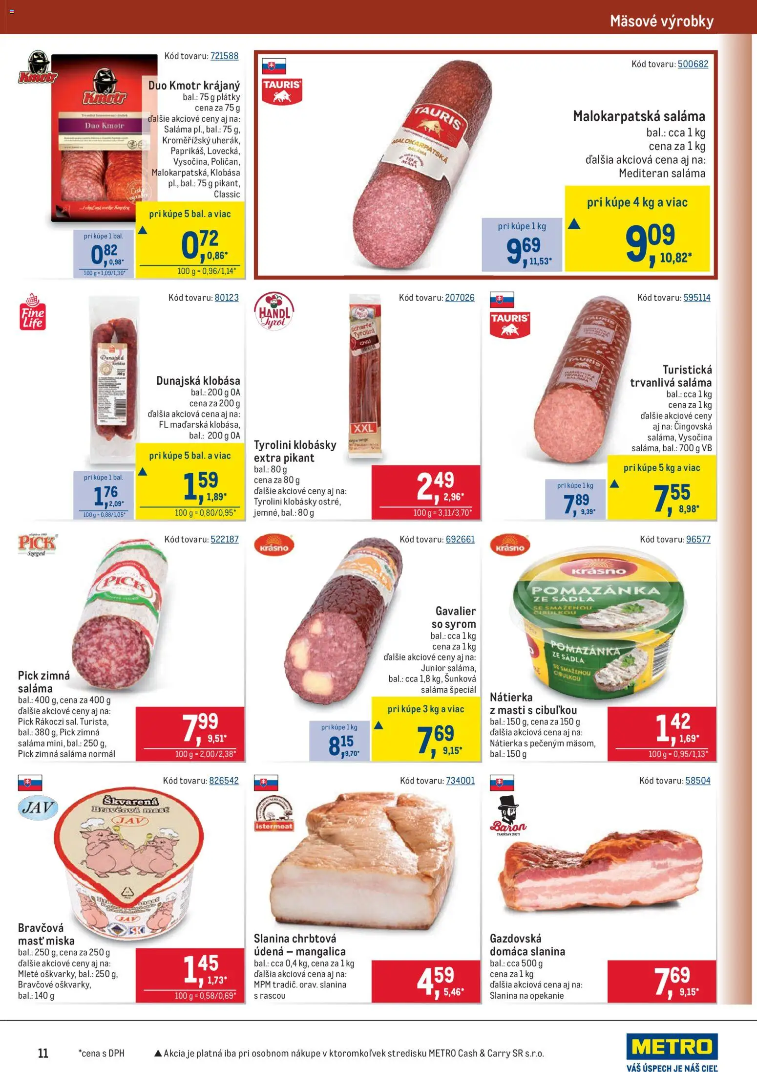 Nové Metro akcie – leták je platný od 08.04.2026 | Strana: 11 | Produkty: Saláma, Slanina, Klobása