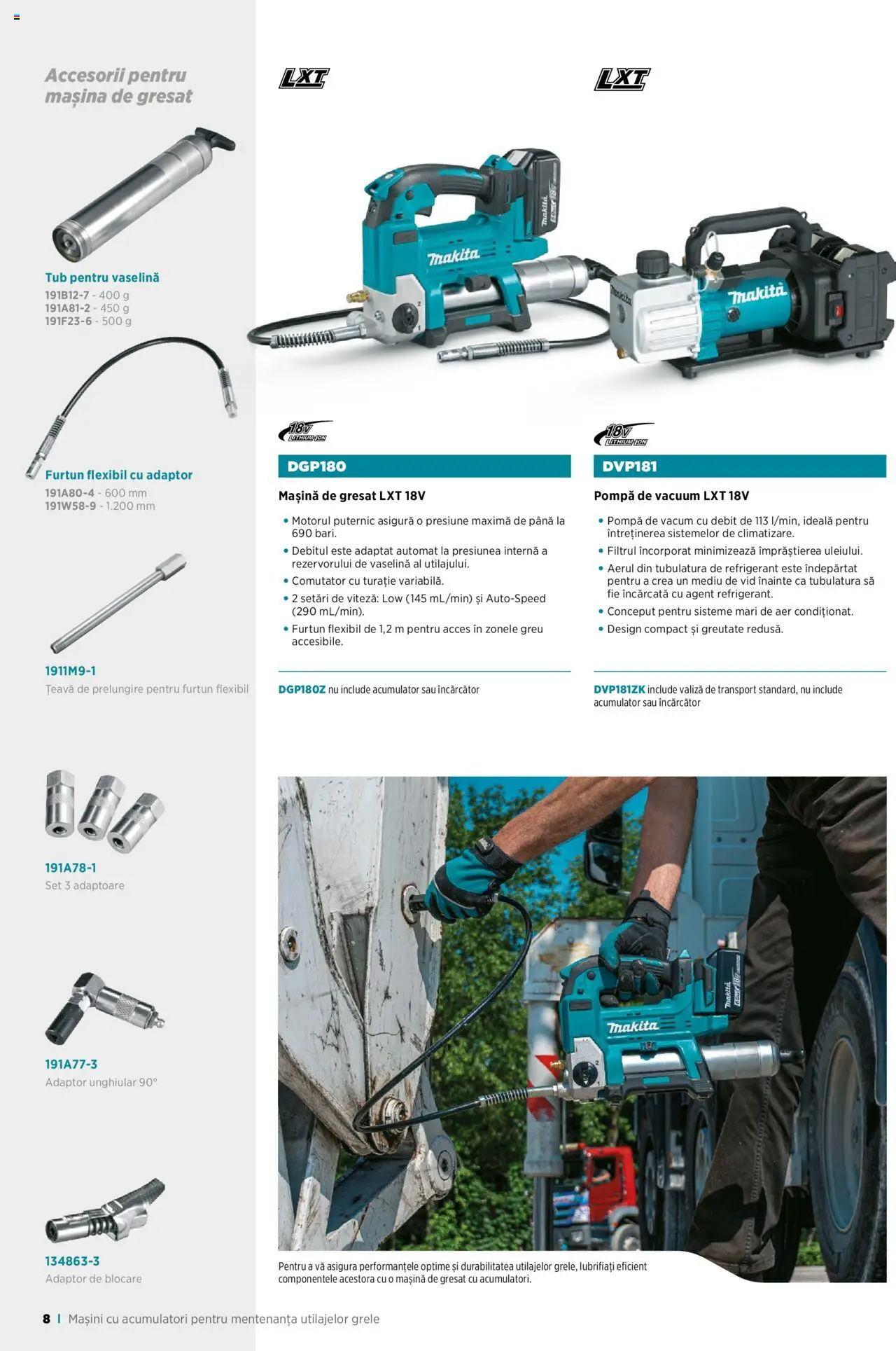 Makita catalog - Broșură Mașini cu acumulatori pentru mentenanță utilaje grele – valabil de la 01.09.2023 | Pagină: 8 | Produse: Valiză, Încărcător, Adaptor, Țeavă