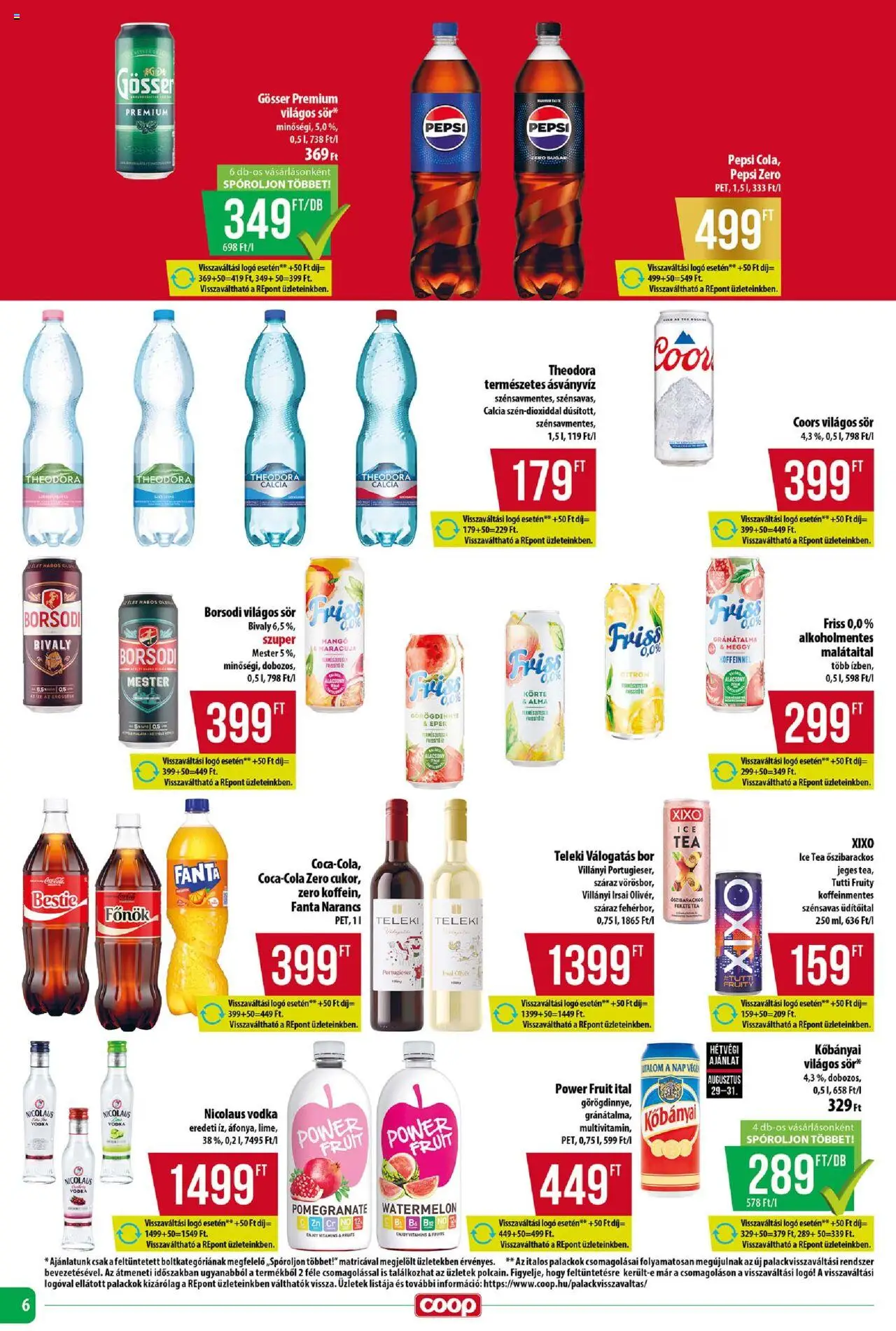 COOP akciós ujság - amely érvényes a következő dátumtól: 28.08.2025 | Oldal: 6 | Termékek: Ásványvíz, Bor, Sör, Vodka