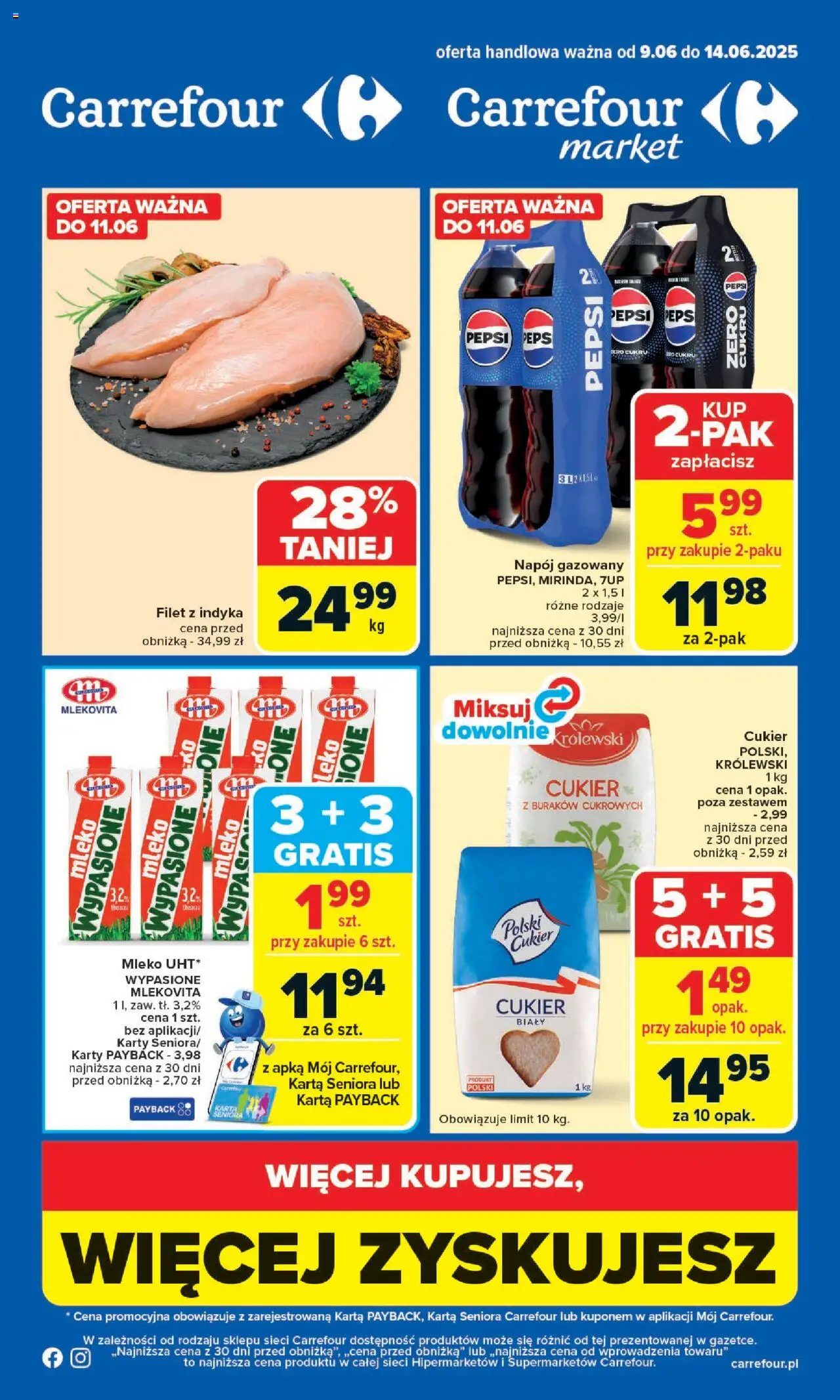 Carrefour Gazetka od 09.06.2025 | Strona: 1 | Produkty: Karta, Pepsi, Mleko, Cukier