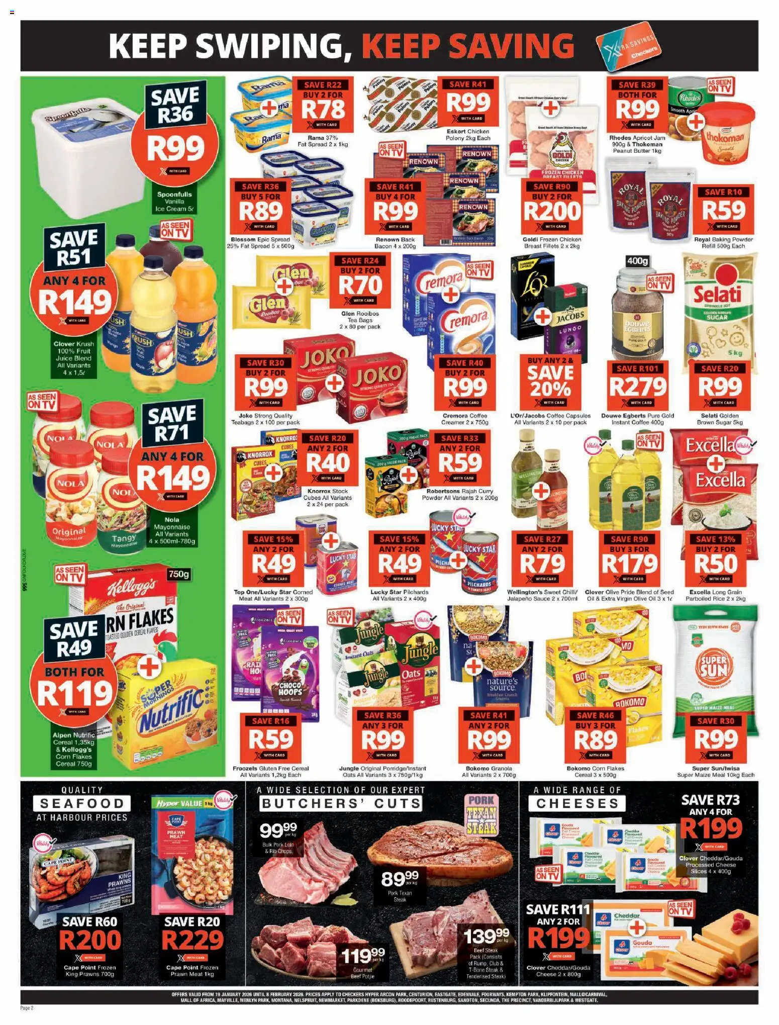 New Checkers catalogue – valid from 19.01.2026 | Page: 2 | Products: Corn, Polony, Rice, Ice cream