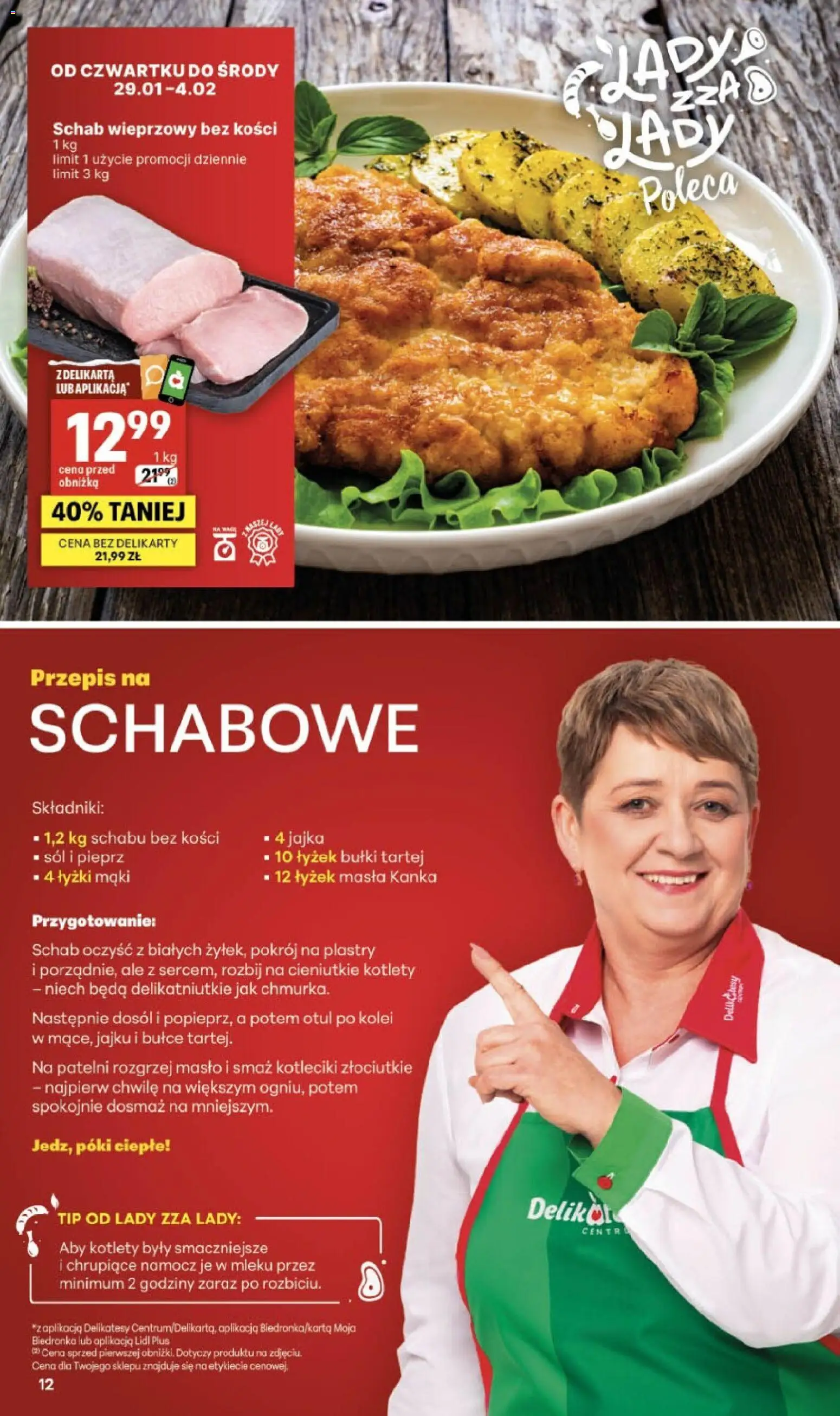 Delikatesy Centrum Gazetka od 29.01.2026 | Strona: 12 | Produkty: Schab wieprzowy, Schab wieprzowy bez kości, Jajka, Sól