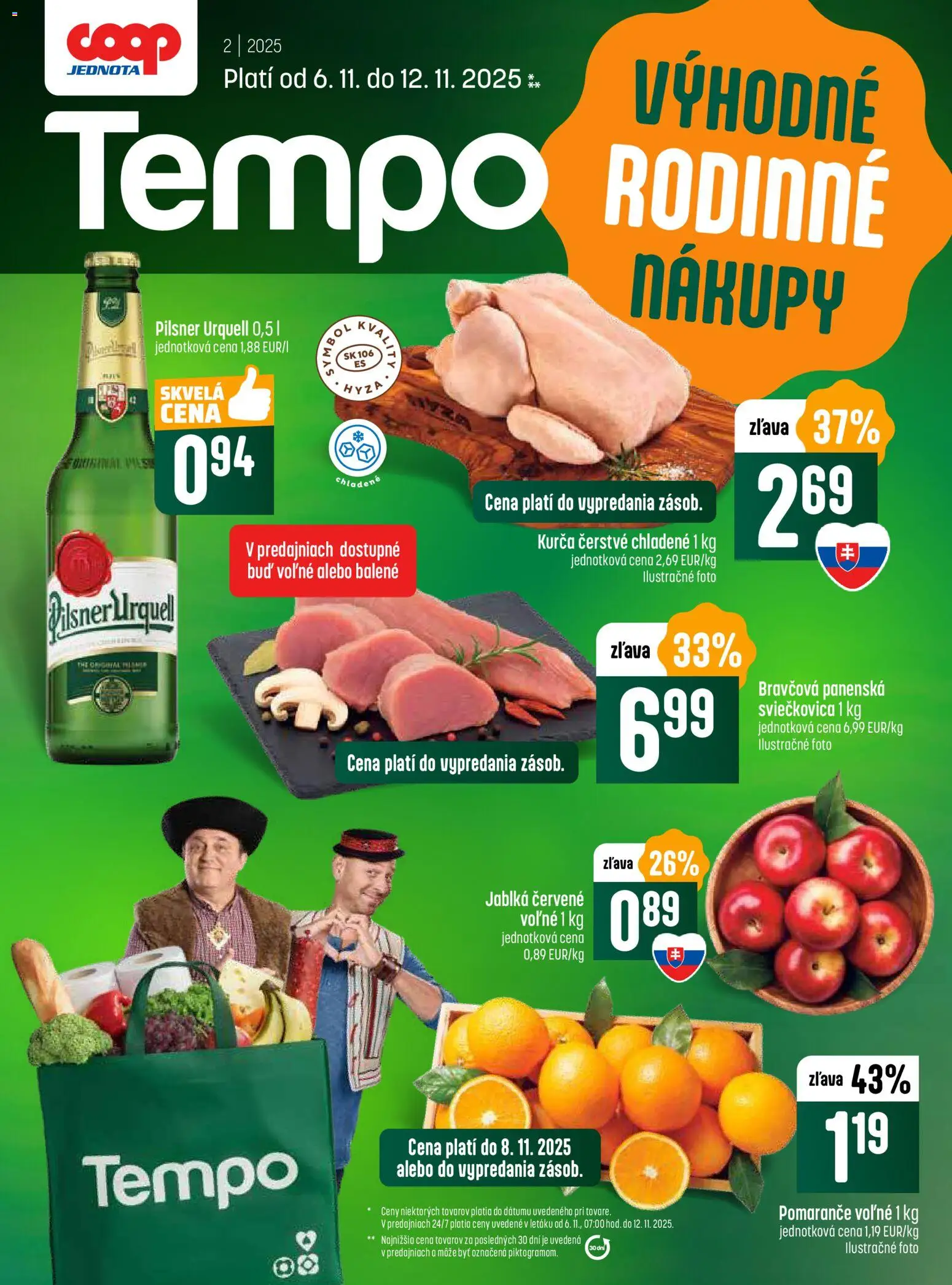 Nové COOP Jednota akcie – leták je platný od 06.11.2025 | Strana: 1 | Produkty: Pilsner Urquell, Jablká, Pomaranče, Kurča