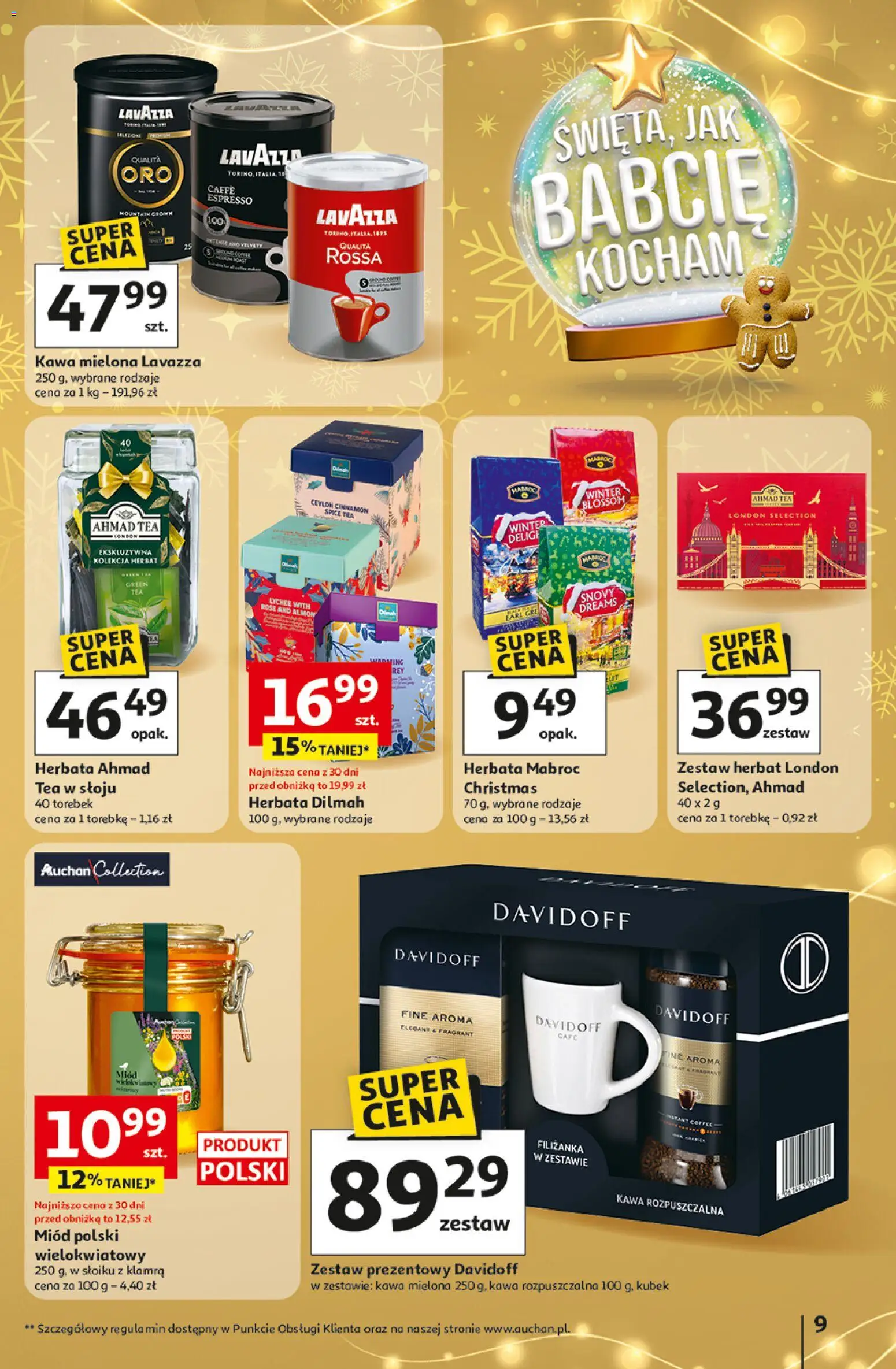 Auchan Gazetka - Święta jak babcię kocham Hipermarket od 11.12.2025 | Strona: 9 | Produkty: Miód, Lavazza, Kawa, Herbata
