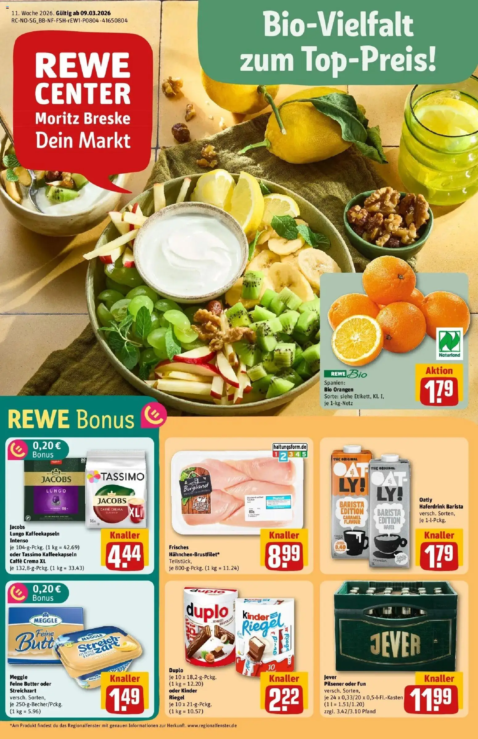 Rewe Prospekt Kiel	 – gültig ab 09.03.2026 | Seite: 1 | Produkte: Orangen, Oatly, Jever, Tassimo