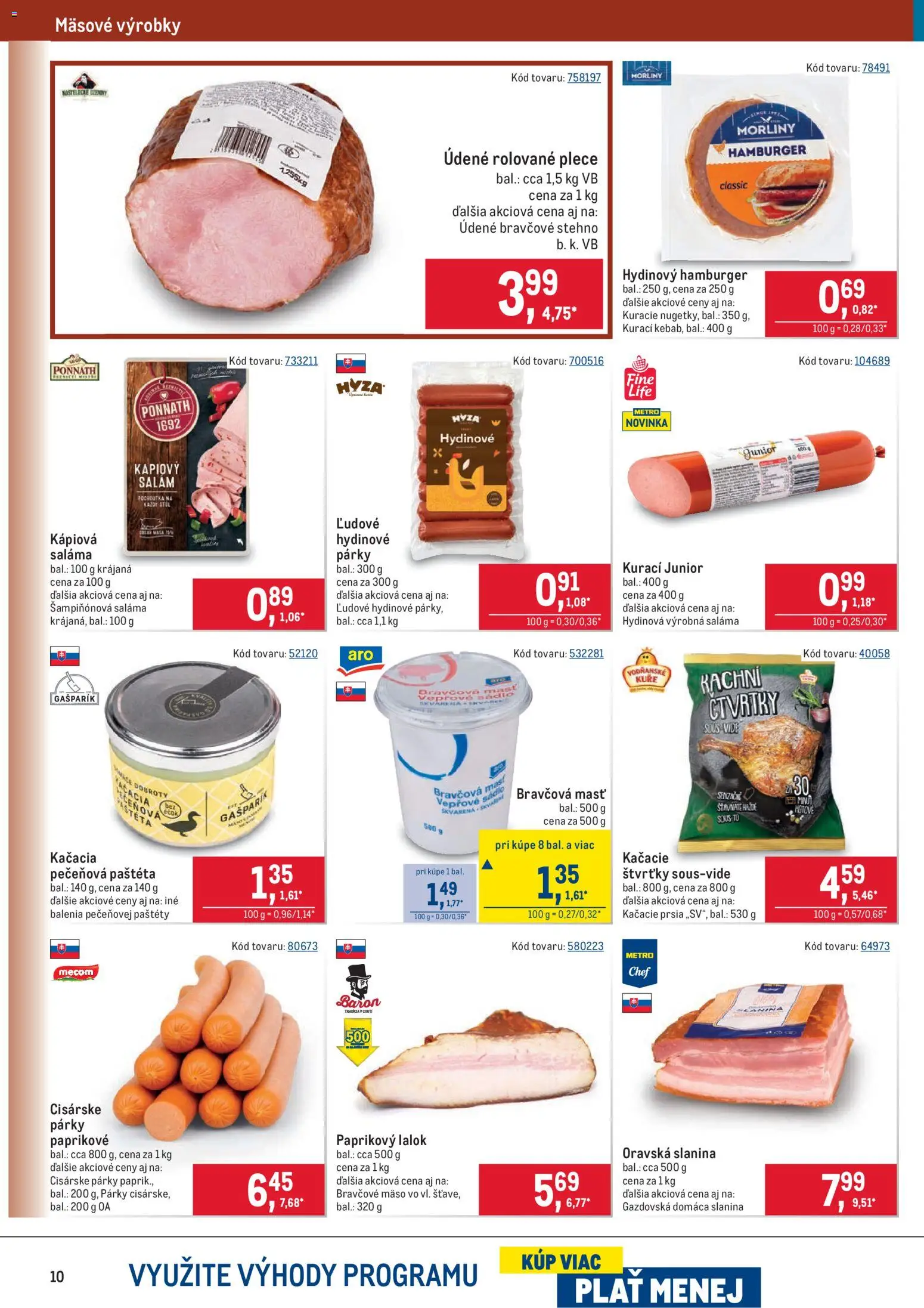 Nové Metro akcie – leták je platný od 19.11.2025 | Strana: 10 | Produkty: Saláma, Kačacie prsia, Slanina, Párky