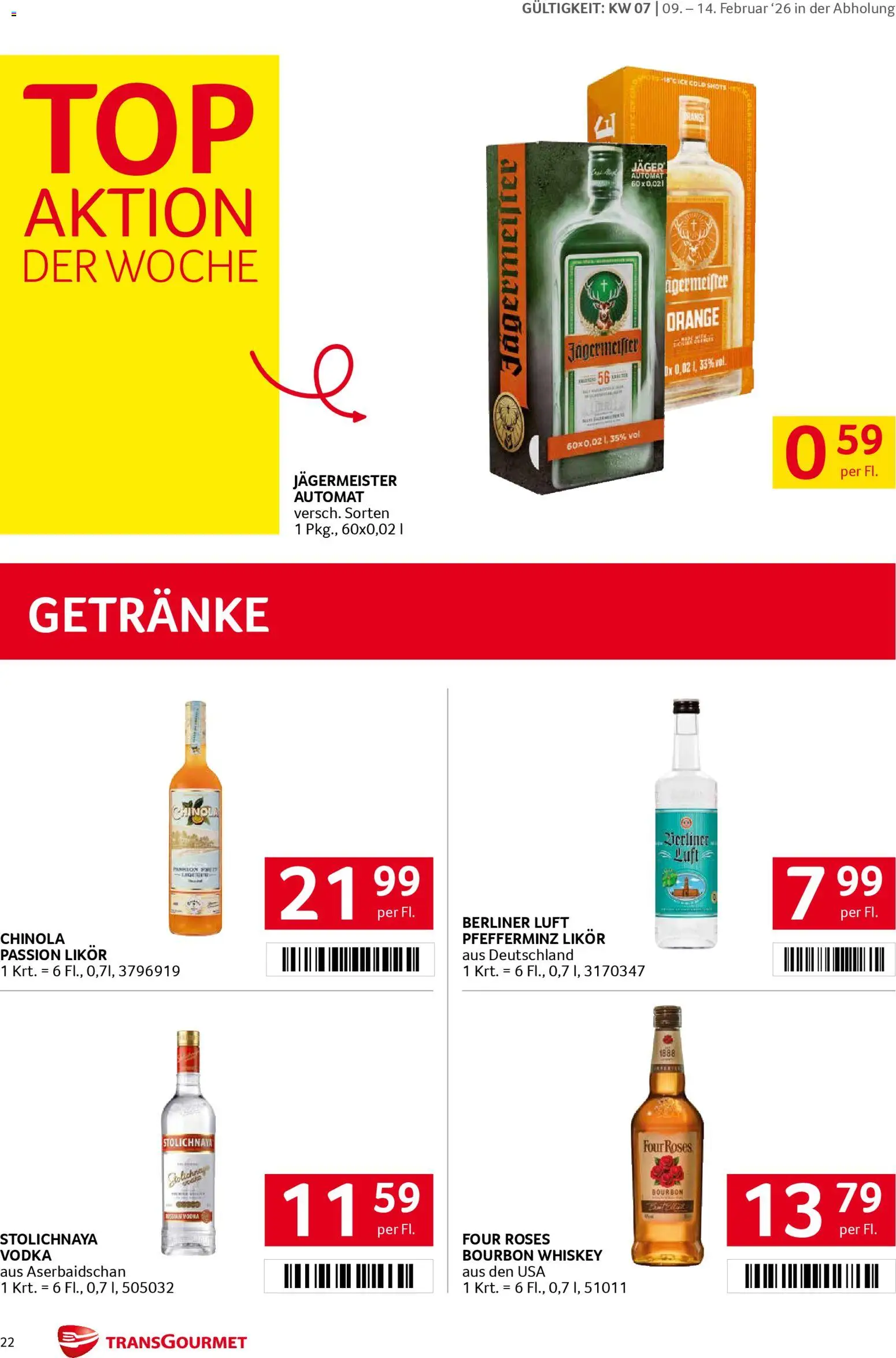 Transgourmet Flugblatt gültig ab 09.02.2026 | Seite: 22 | Produkte: Whiskey, Bourbon