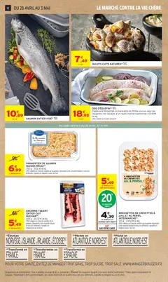 Intermarché - Prévisualisation de 4 BROCHETTES DE CREVETTES À L'AIL ET AU PERSIL INTERMARCHE, Shrimp skewers with garlic and parsley, 125 g. Offre valable sur d'autres variétés de la gamme, répondant à des caractéristiques et des prix différents, signalés en magasin ou sur le drive. valide à partir de 28.04.2026 | Page: 12 | Produits: Saumon entier, Bulots cuits, Persil, Ail