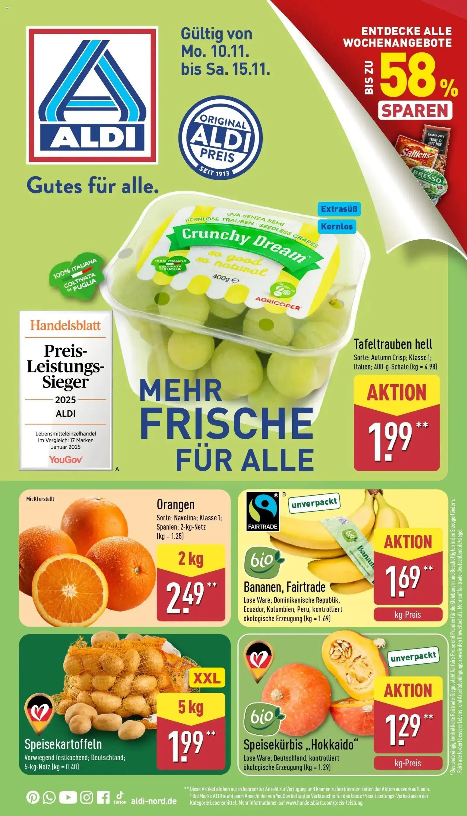 Aldi - ALDI Nord: Wochenangebote – gültig ab 09.11.2025 | Seite: 1 | Produkte: Trauben, Orangen, Bresso