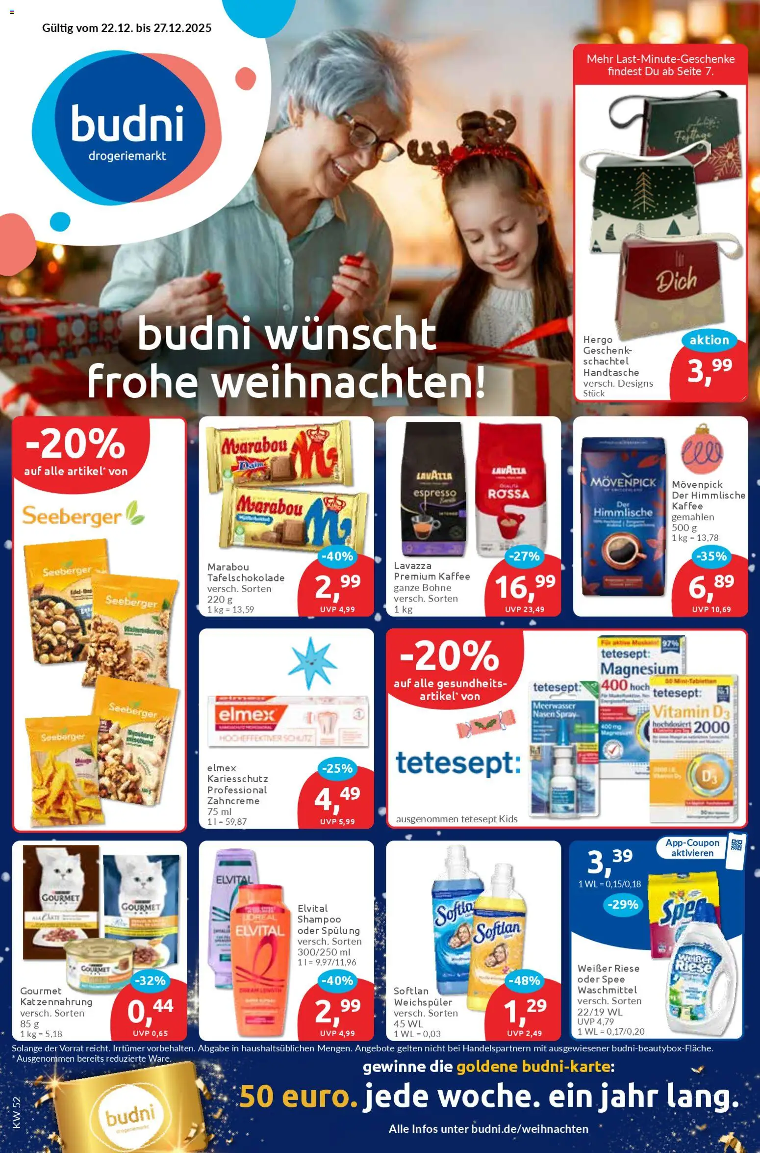 Budni Prospekt 	 – gültig ab 22.12.2025 | Seite: 1 | Produkte: Lavazza, Spee, Weichspüler, Waschmittel