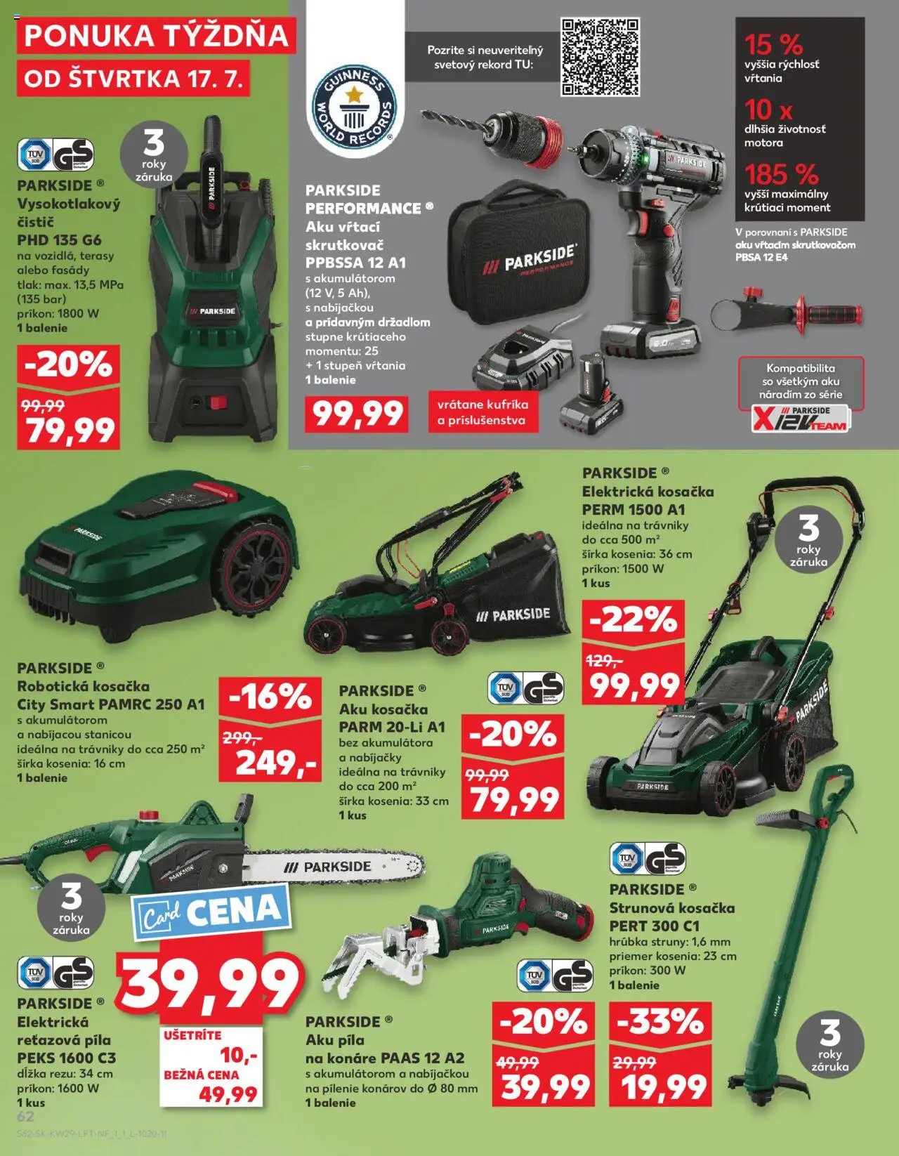 Nové Kaufland akcie – leták je platný od 17.07.2025 | Strana: 62 | Produkty: Elektrická reťazová píla, Robotická kosačka, Elektrická kosačka, Aku kosačka