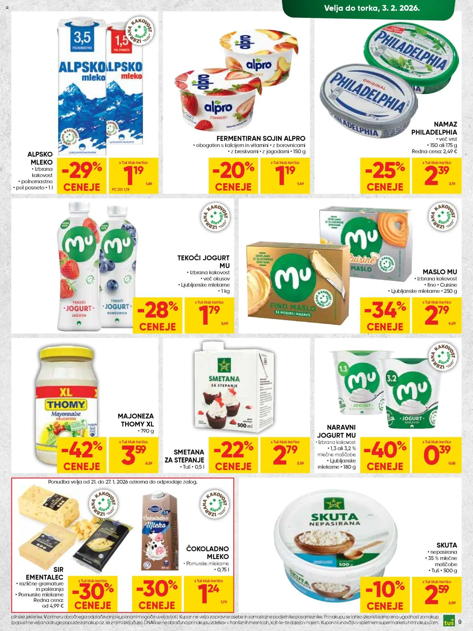 Novi Tuš katalog ponudbe – veljaven od 21.01.2026 | Stran: 9 | Izdelki: Ementalec, Namaz, Maslo, Skuta
