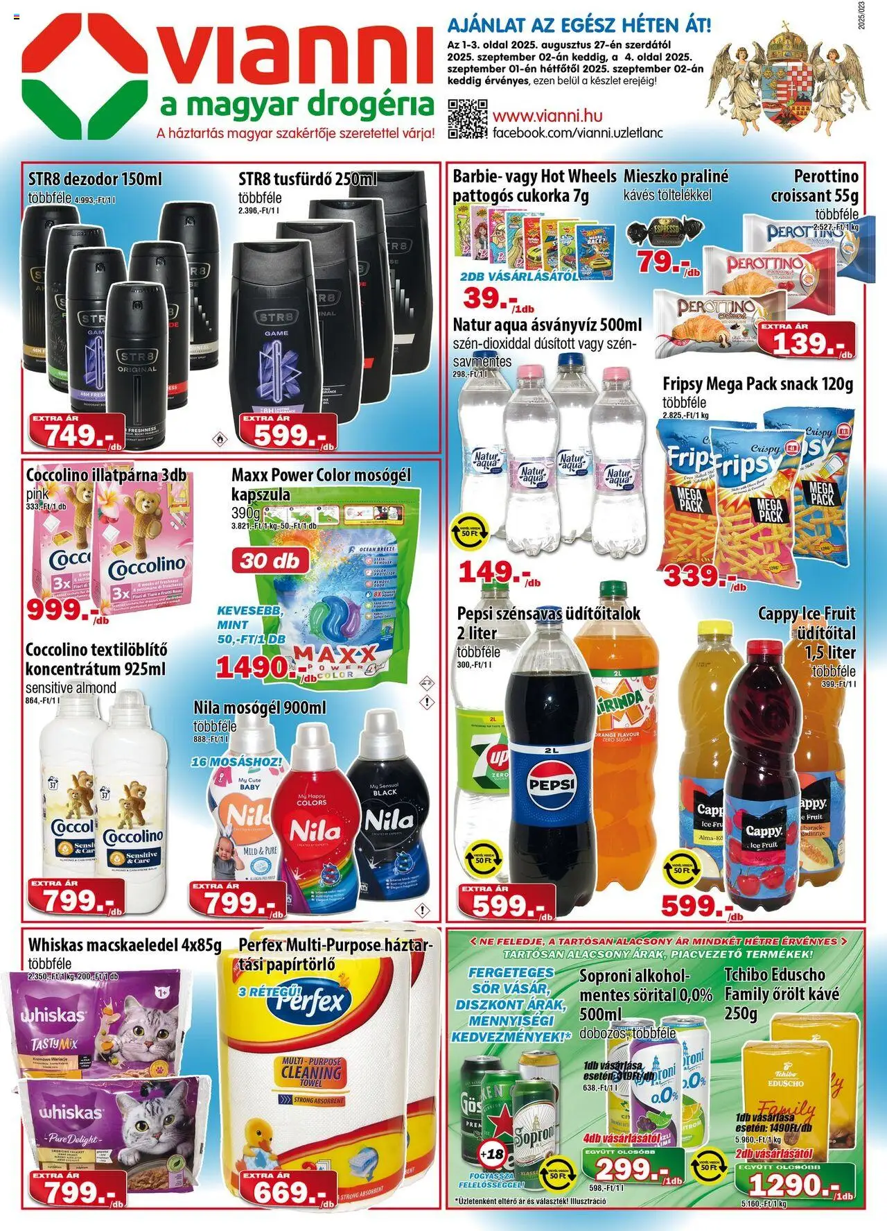 Vianni akciós ujság - amely érvényes a következő dátumtól: 27.08.2025 | Oldal: 1 | Termékek: Pepsi, Praliné, Dezodor, Cukorka
