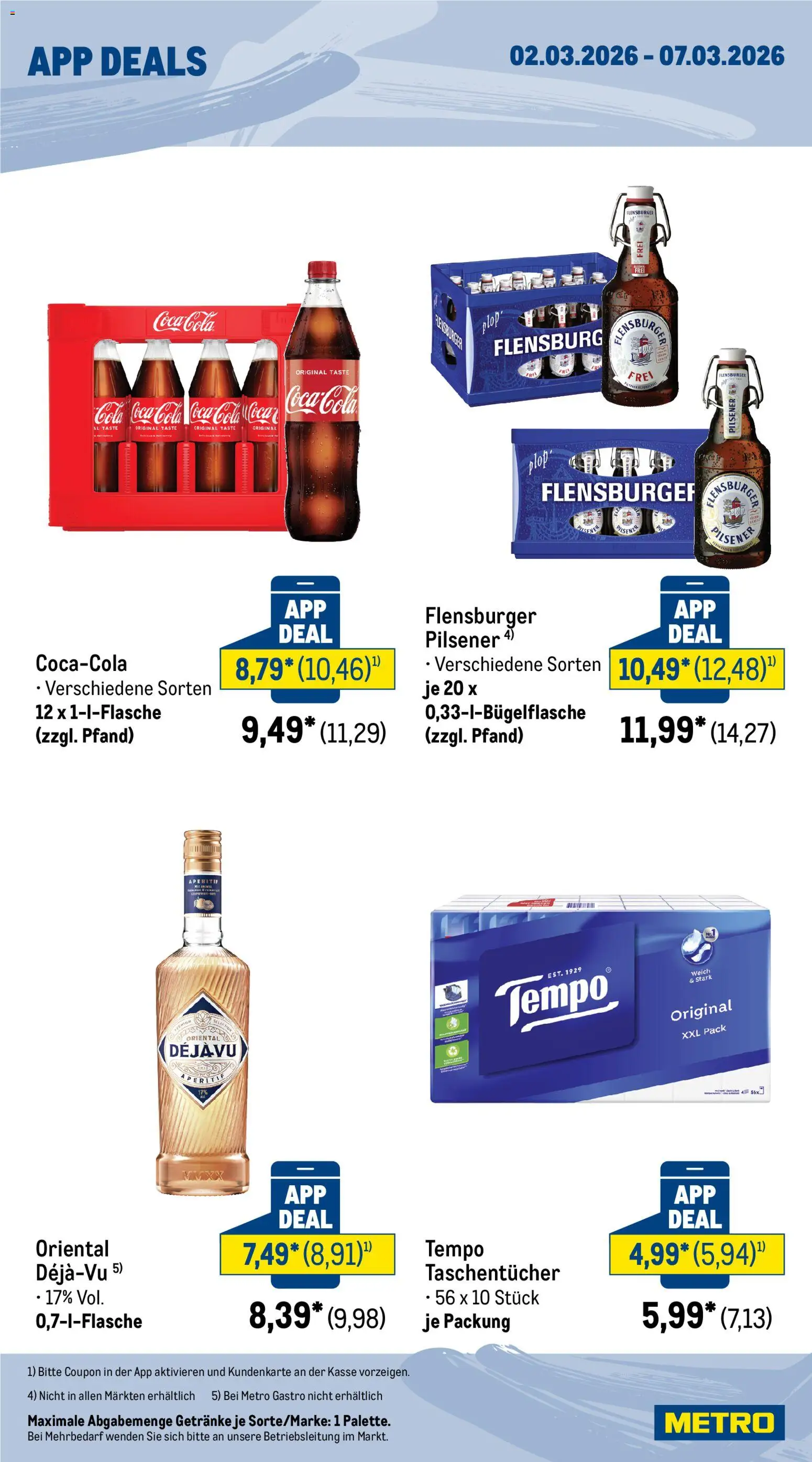 Metro App Deals – gültig ab 02.03.2026 | Seite: 2 | Produkte: Coca cola, Cola, Flensburger, Tempo