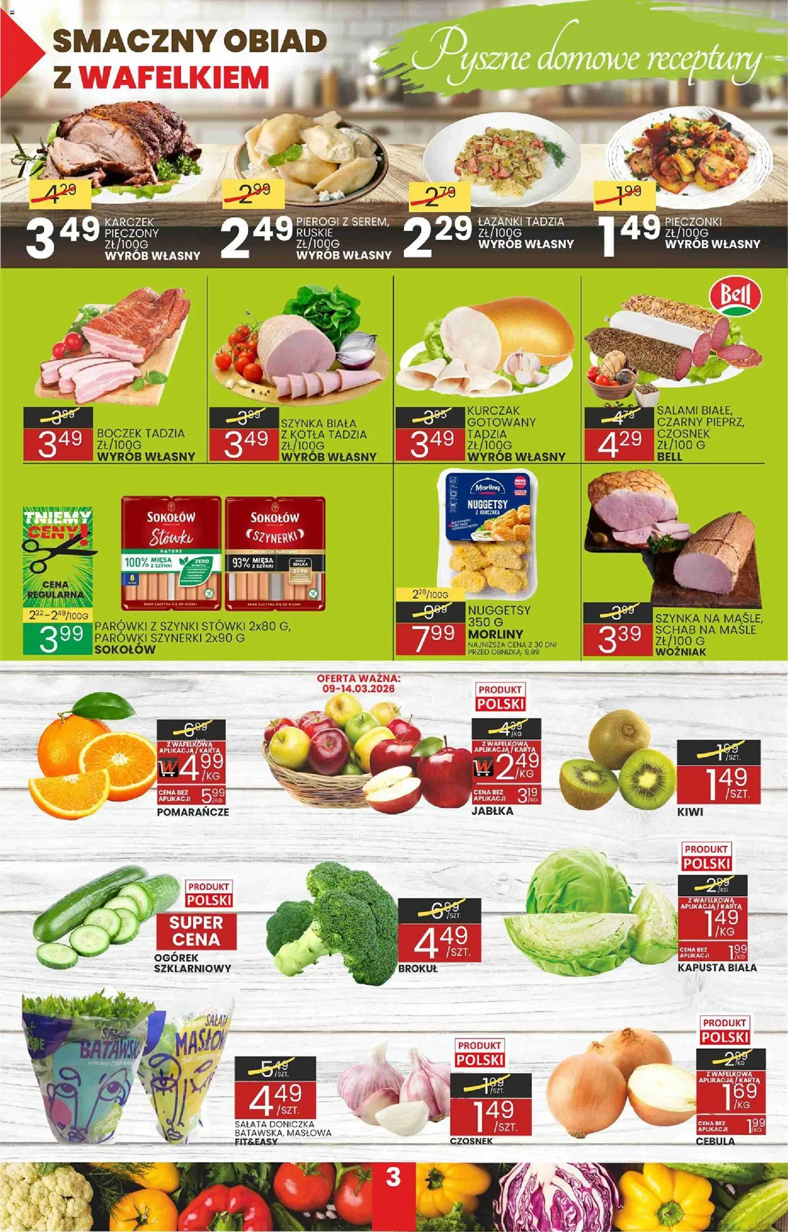 Wafelek gazetka od 09.03.2026 | Strona: 3 | Produkty: Szynka, Boczek, Kiwi, Kapusta biała