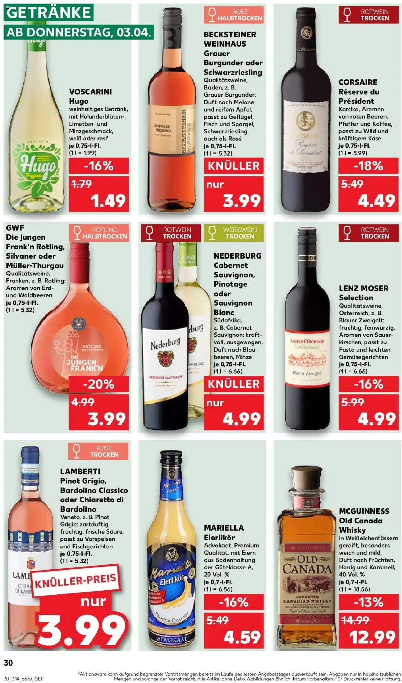 Kaufland - Moers-Hochstraß, Römerstraße 570 - gültig ab dem 03.04.2025 | Seite: 30 | Produkte: Rotwein, Fisch, Melone, Hugo