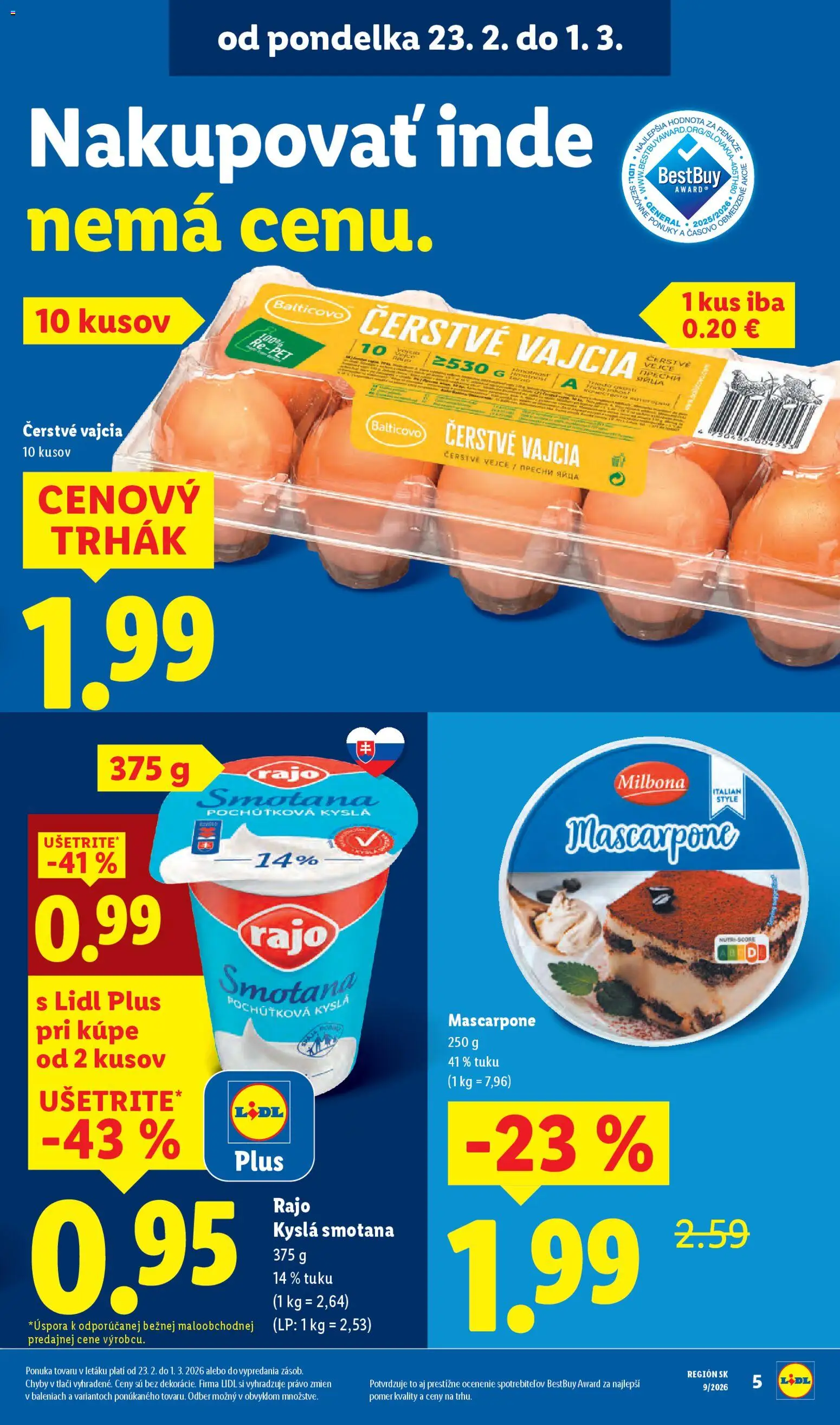 Nové Lidl akcie – leták je platný od 23.02.2026 | Strana: 5 | Produkty: Vajcia, Smotana, Mascarpone